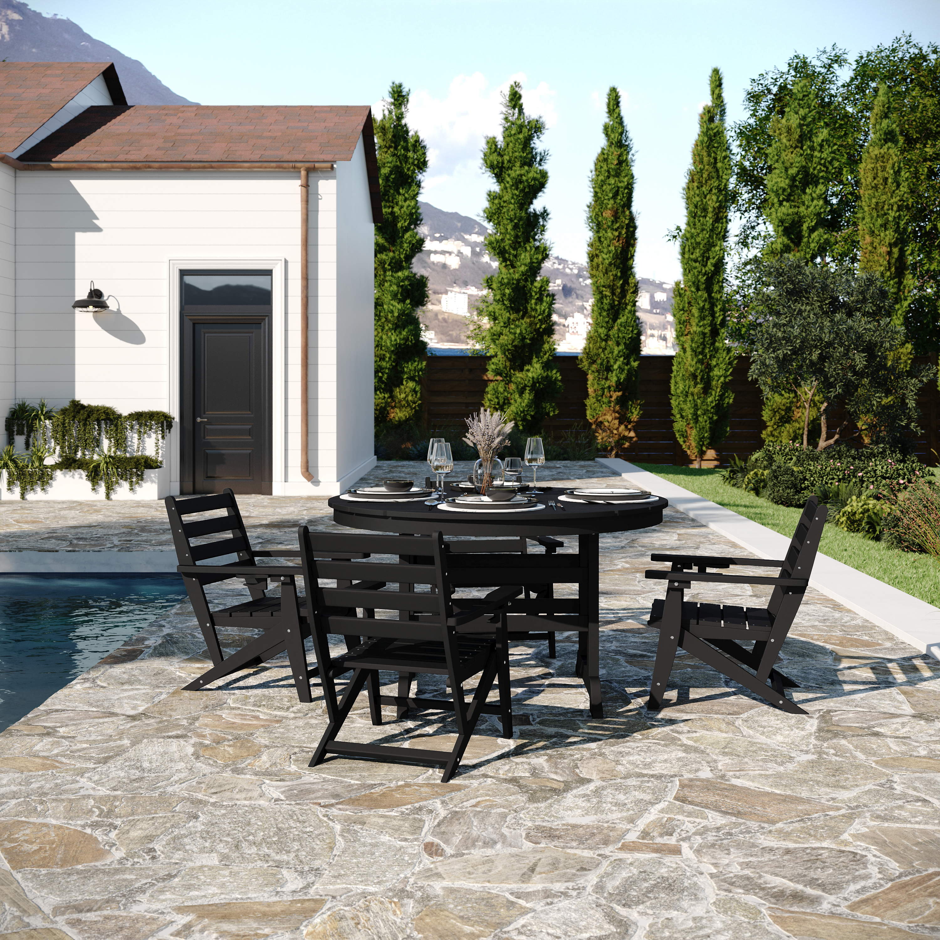 Tolleson Commercial 5 Piece Adirondack Dining Set with 48" Round Indoor/Outdoor Recycled HDPE Table and 4 Chairs with Cupholders in Black