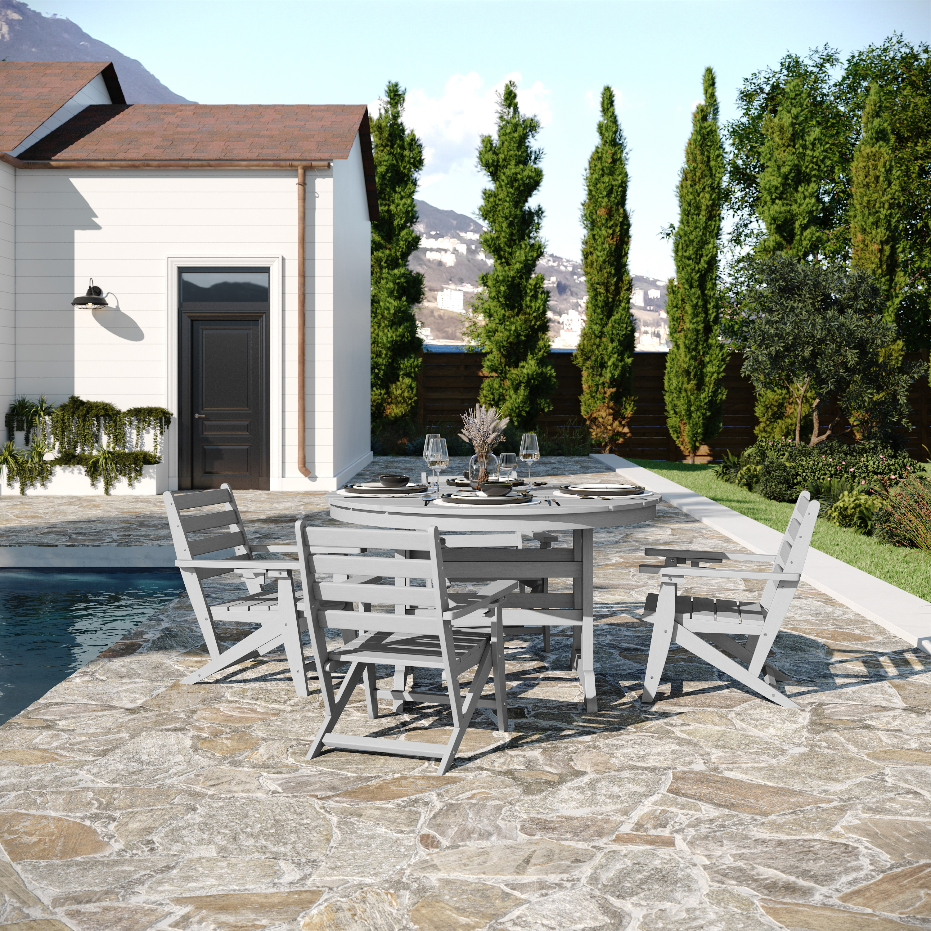 Tolleson Commercial 5 Piece Adirondack Dining Set with 48" Round Indoor/Outdoor Recycled HDPE Table and 4 Chairs with Cupholders in Gray
