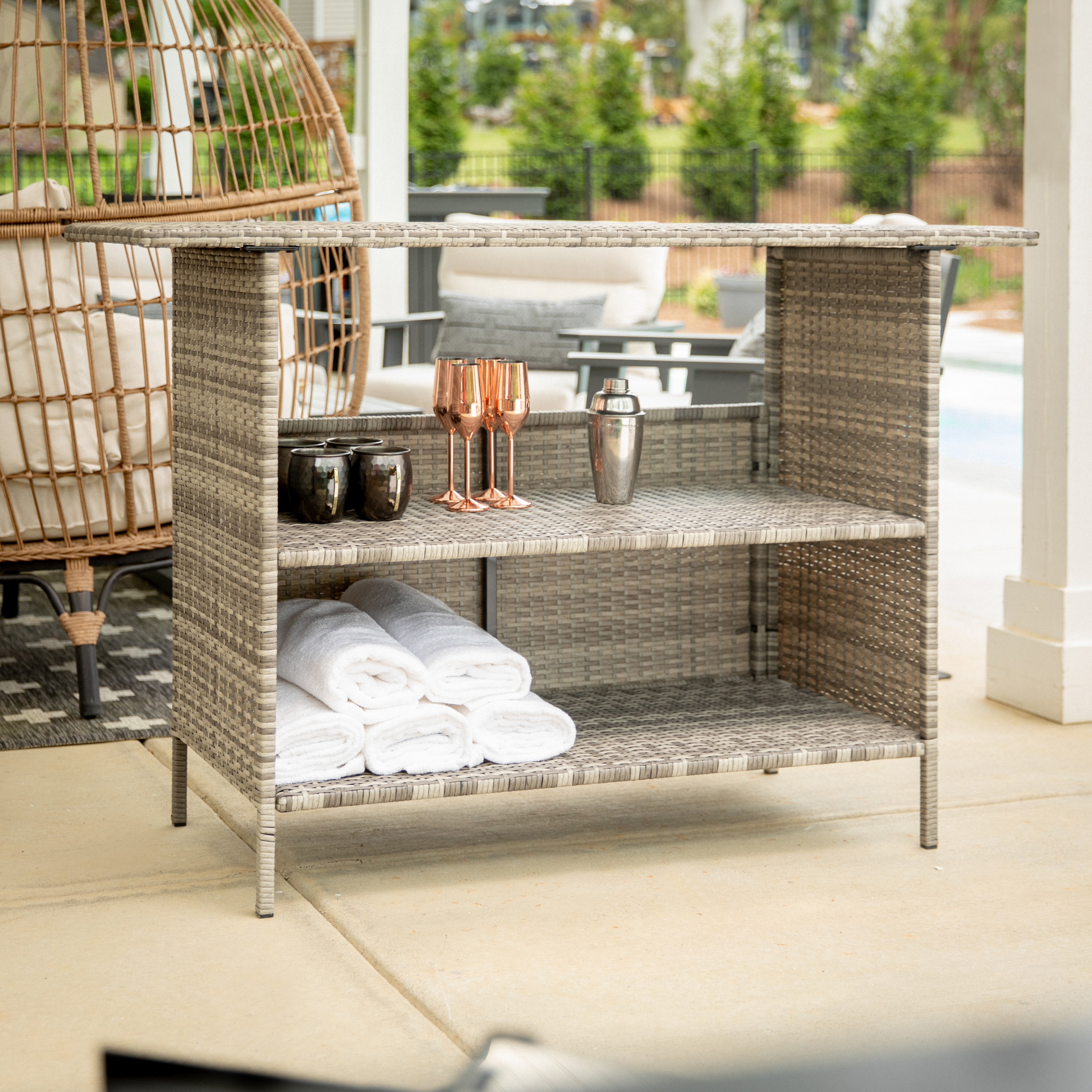 Marco Indoor/Outdoor Patio Wicker Rattan Bar Counter Table with 2 Shelves, Gray