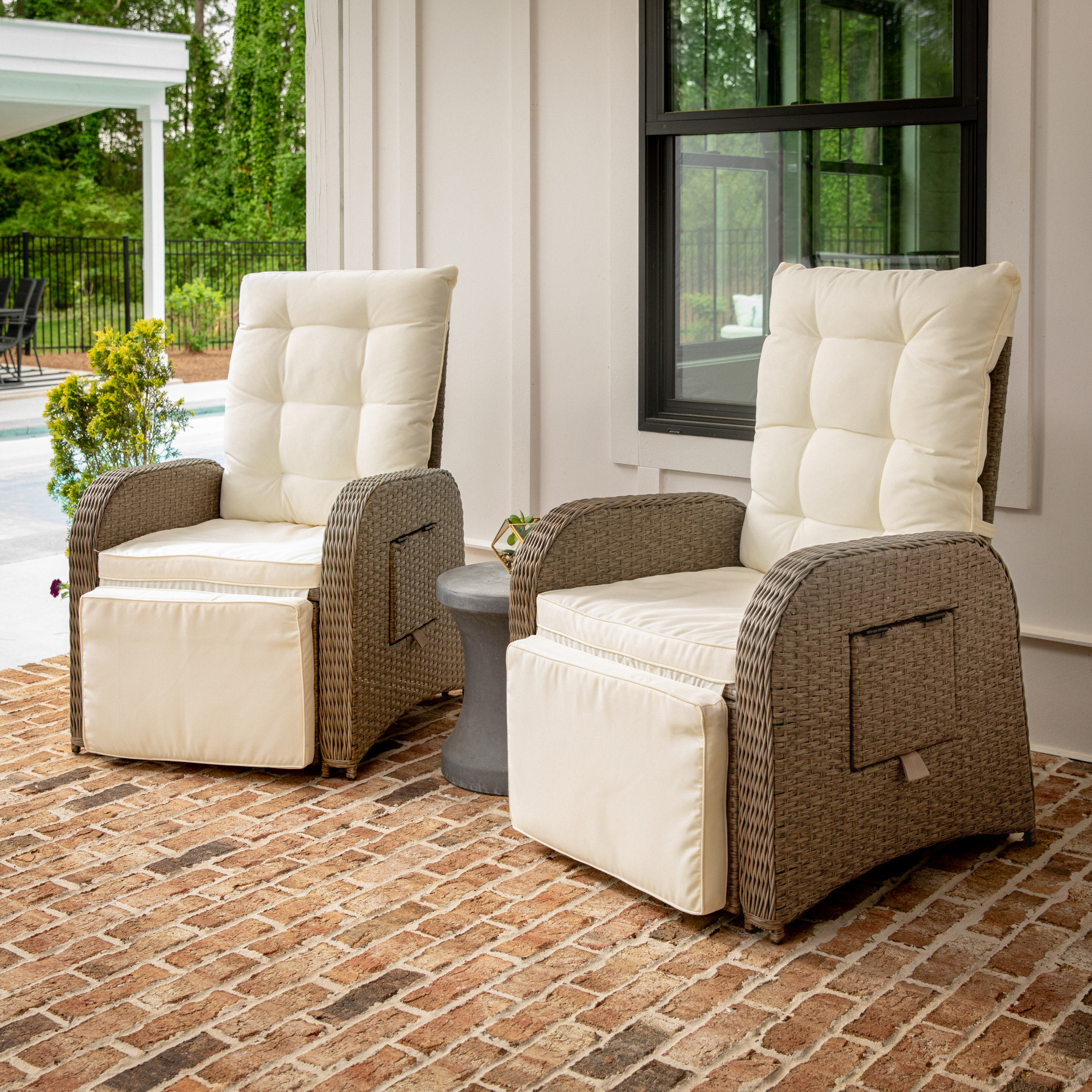 Nemo Indoor/Outdoor Patio Wicker Rattan Recliner Lounge Chair with Flip up Side Table, Beige and Brown