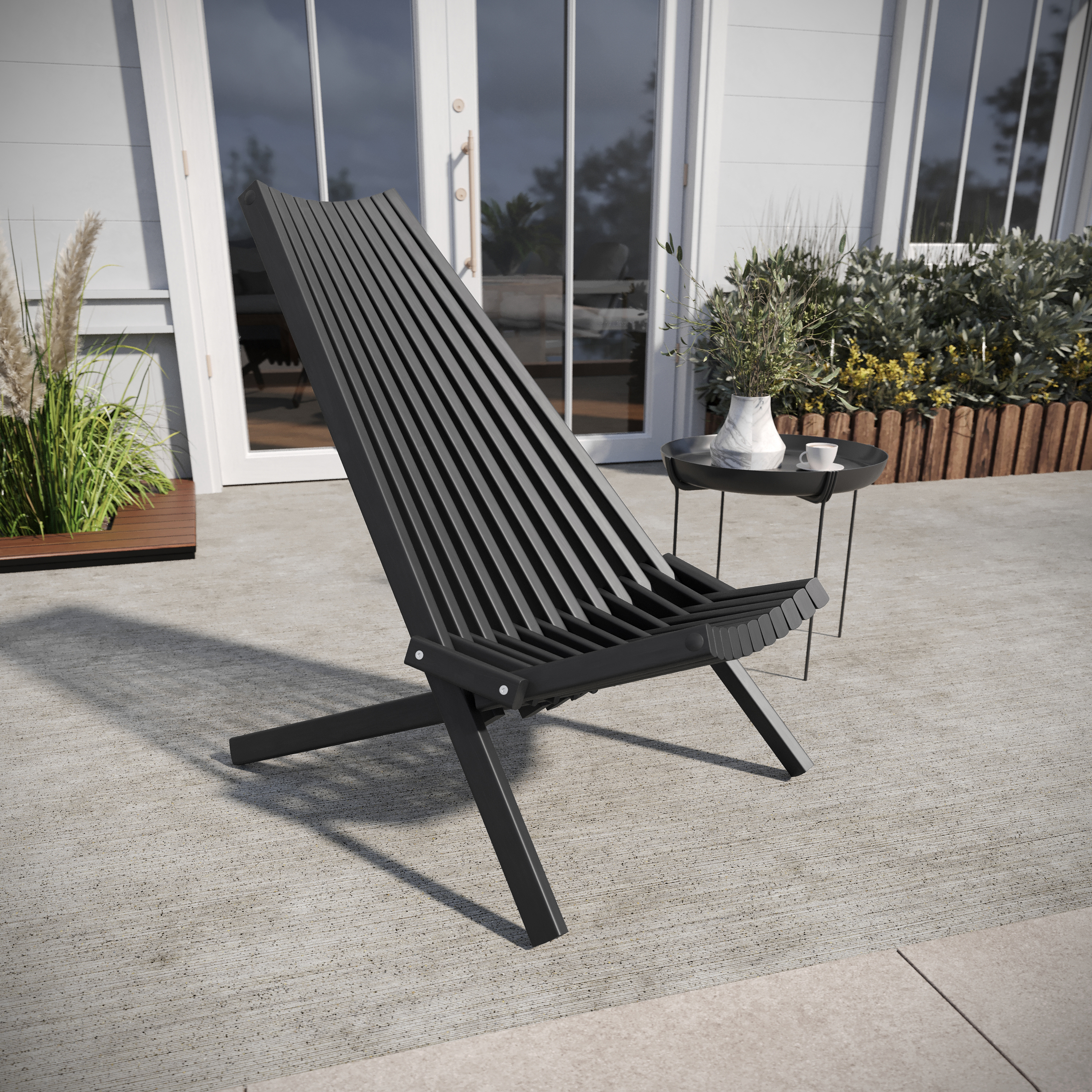 Delia Commercial Grade Indoor/Outdoor Folding Acacia Wood Chair, Low Profile Lounge for Patio, Porch, Garden, Black