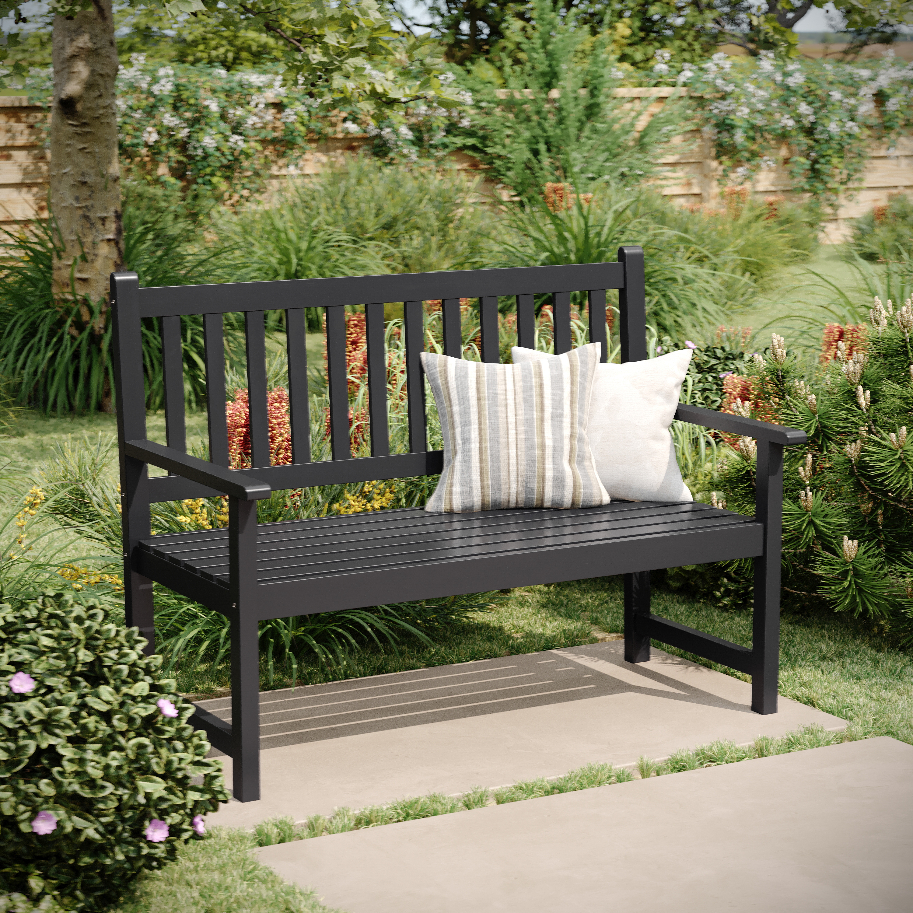 Adele Commercial Grade Indoor/Outdoor Patio Acacia Wood Bench, 2-Person Slatted Seat Loveseat for Park, Garden, Yard, Porch, Black