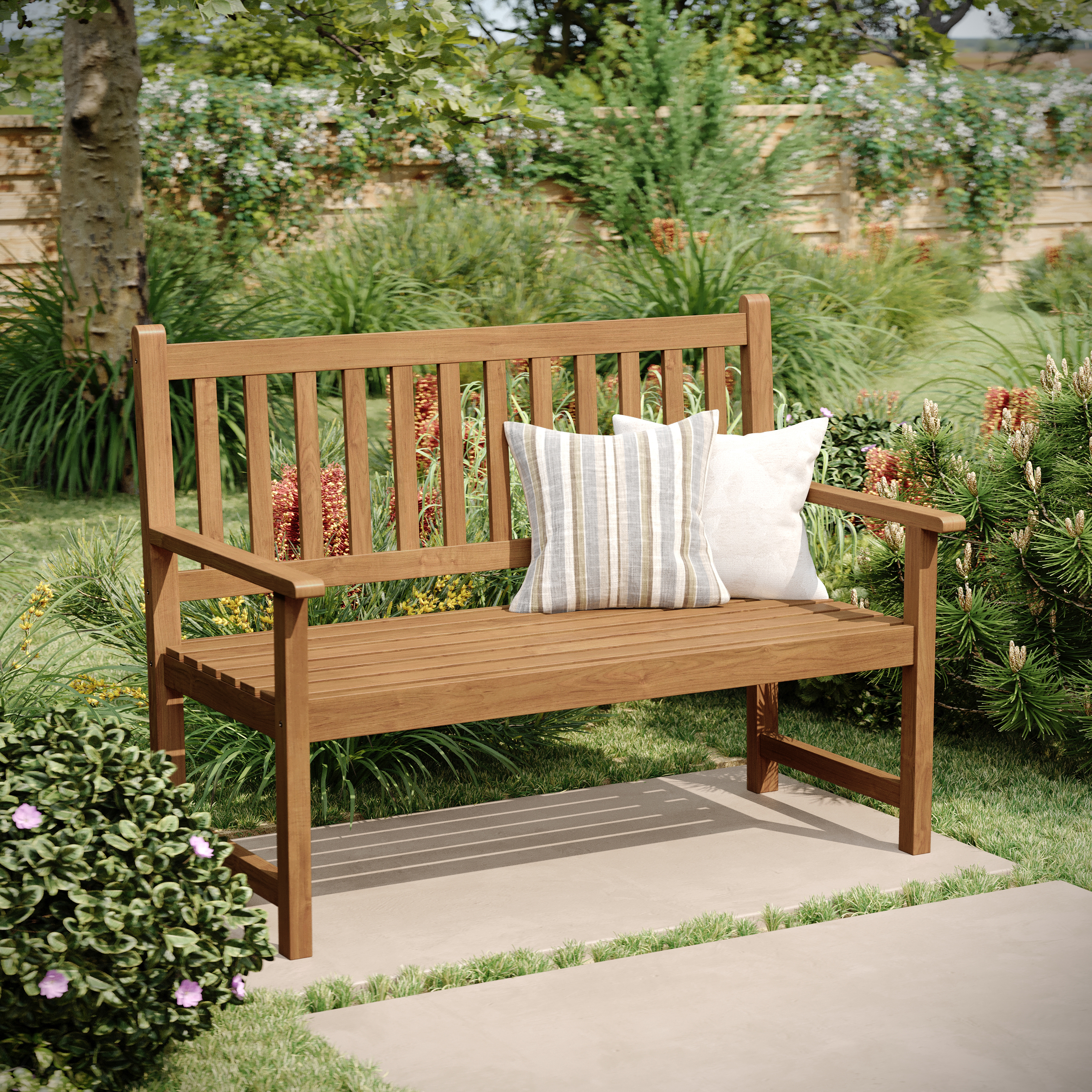 Adele Commercial Grade Indoor/Outdoor Patio Acacia Wood Bench, 2-Person Slatted Seat Loveseat for Park, Garden, Yard, Porch, Brown