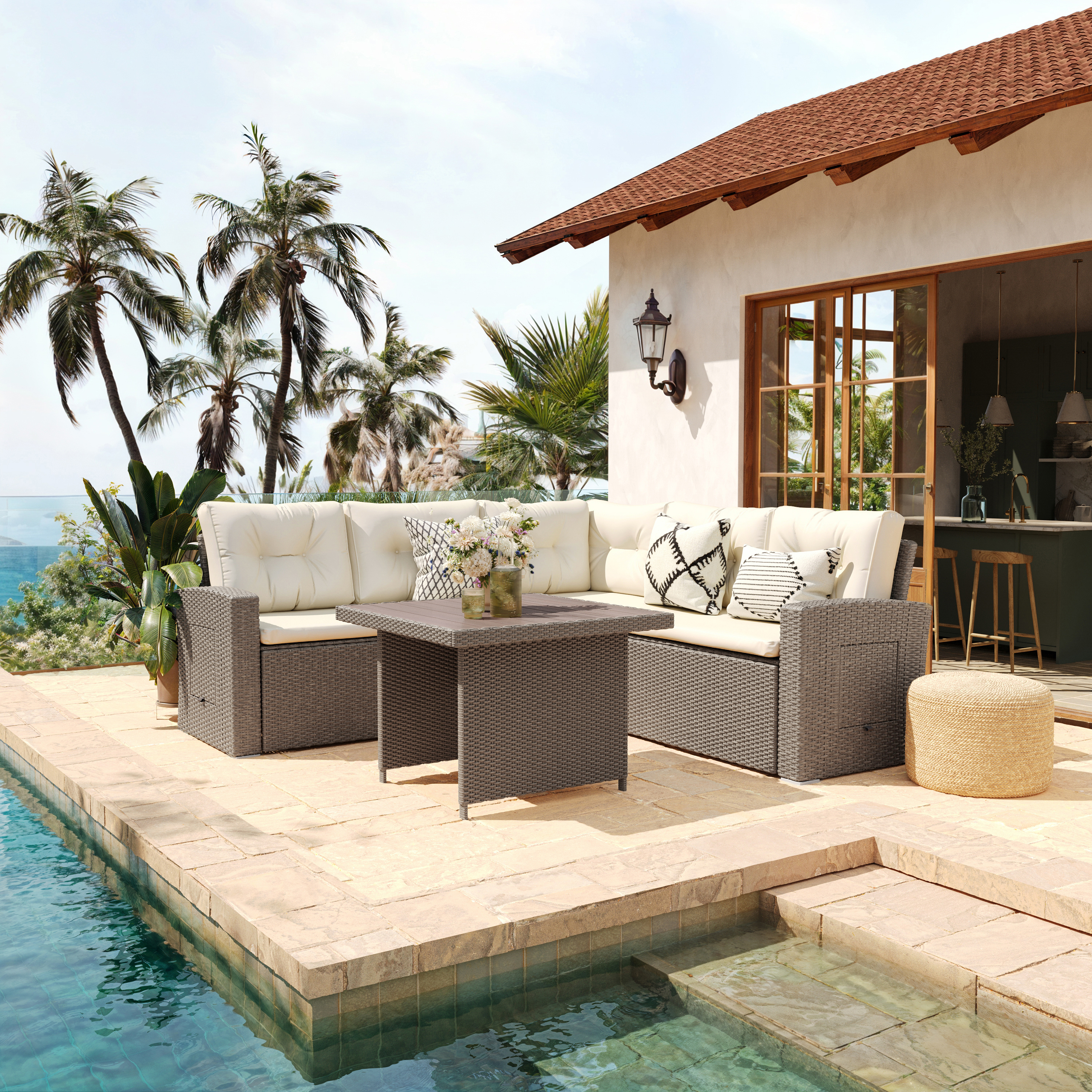 Huck Indoor/Outdoor Wicker Rattan Conversation Set, L-Shaped Sofa with Dining Table, Weather Resistant Cushions, Beige and Brown