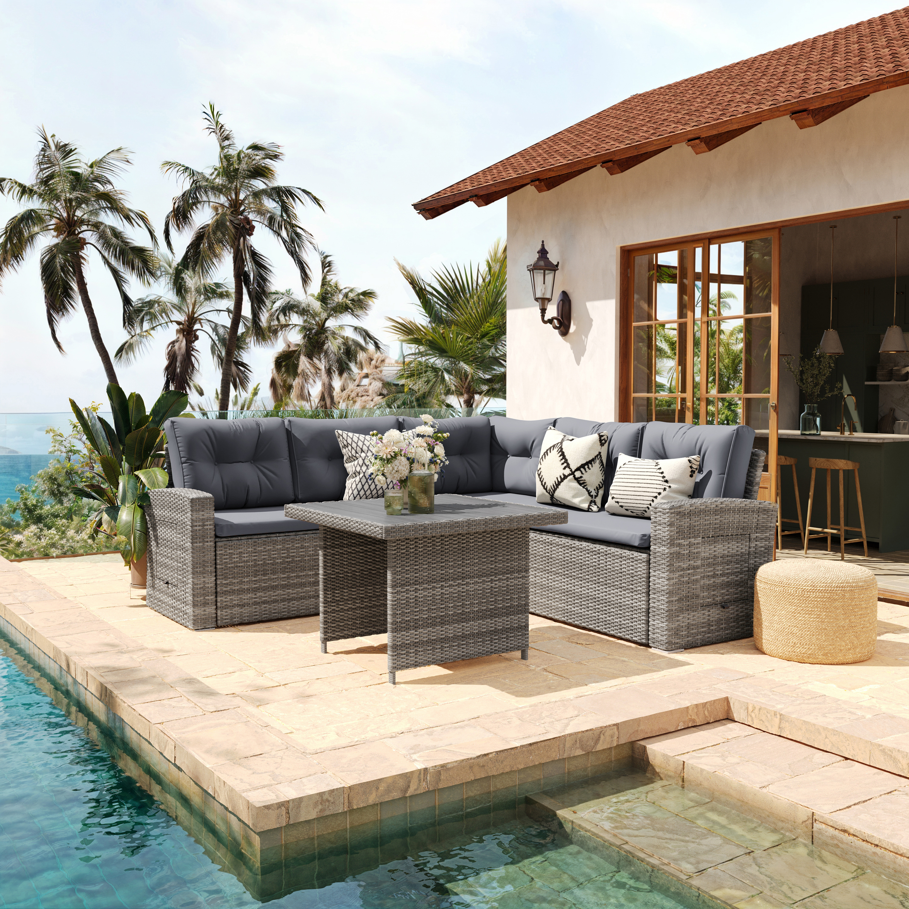 Huck Indoor/Outdoor Wicker Rattan Conversation Set, L-Shaped Sofa with Dining Table, Weather Resistant Cushions, Gray