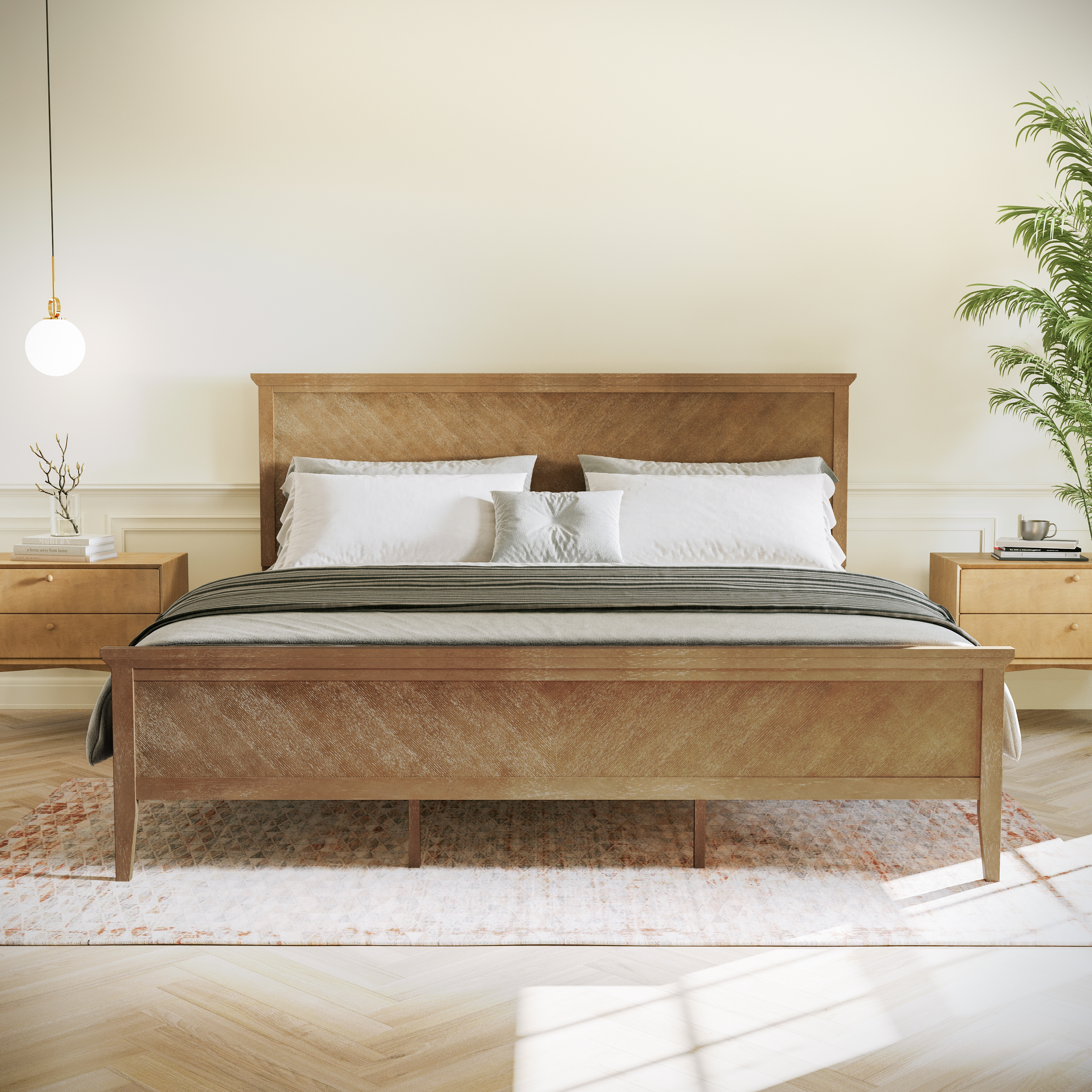 Fiona Light Brown King Size Solid Wood Platform Bed Frame with Headboard, Footboard, and Slatted Bottom