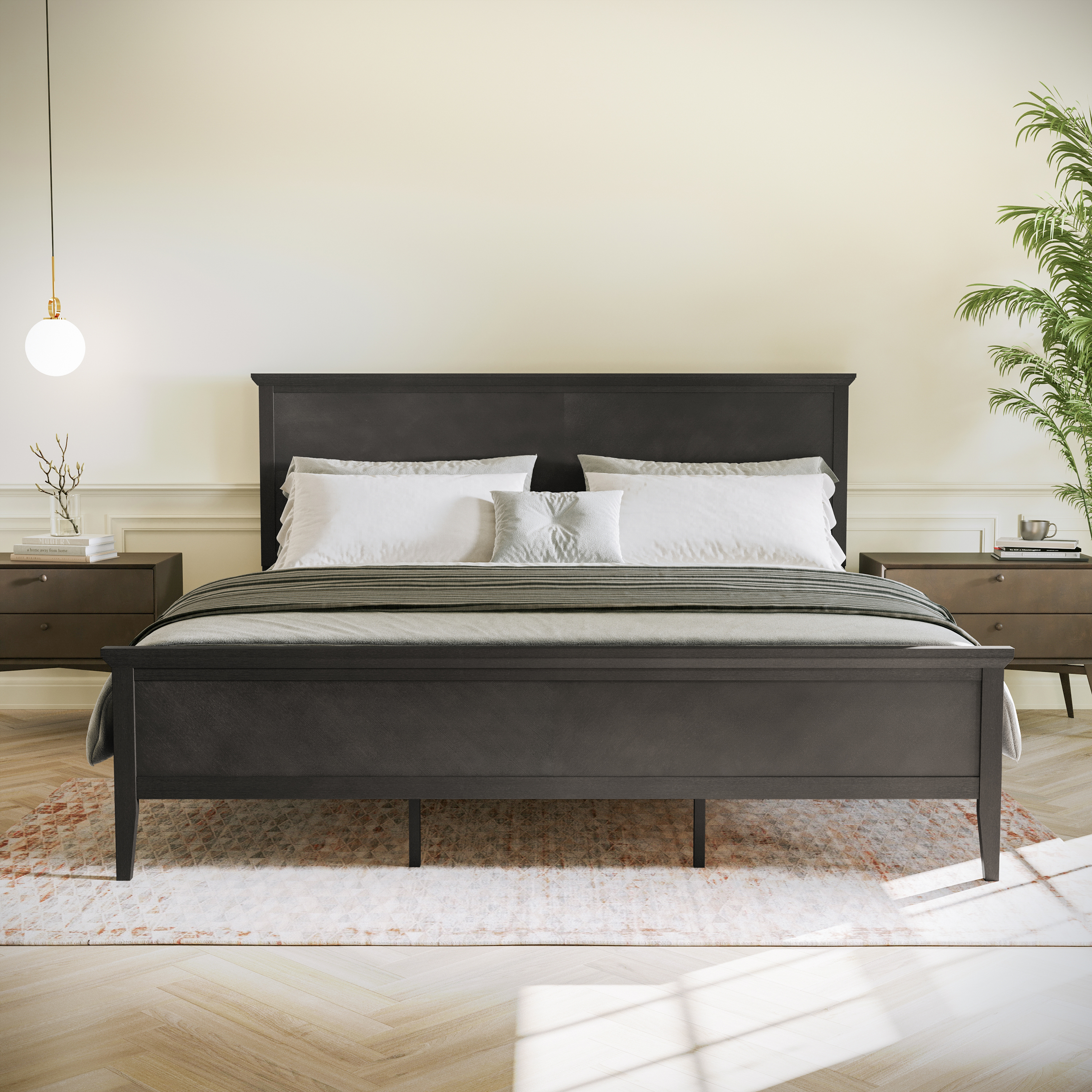 Fiona Dark Gray King Size Solid Wood Platform Bed Frame with Headboard, Footboard, and Slatted Bottom