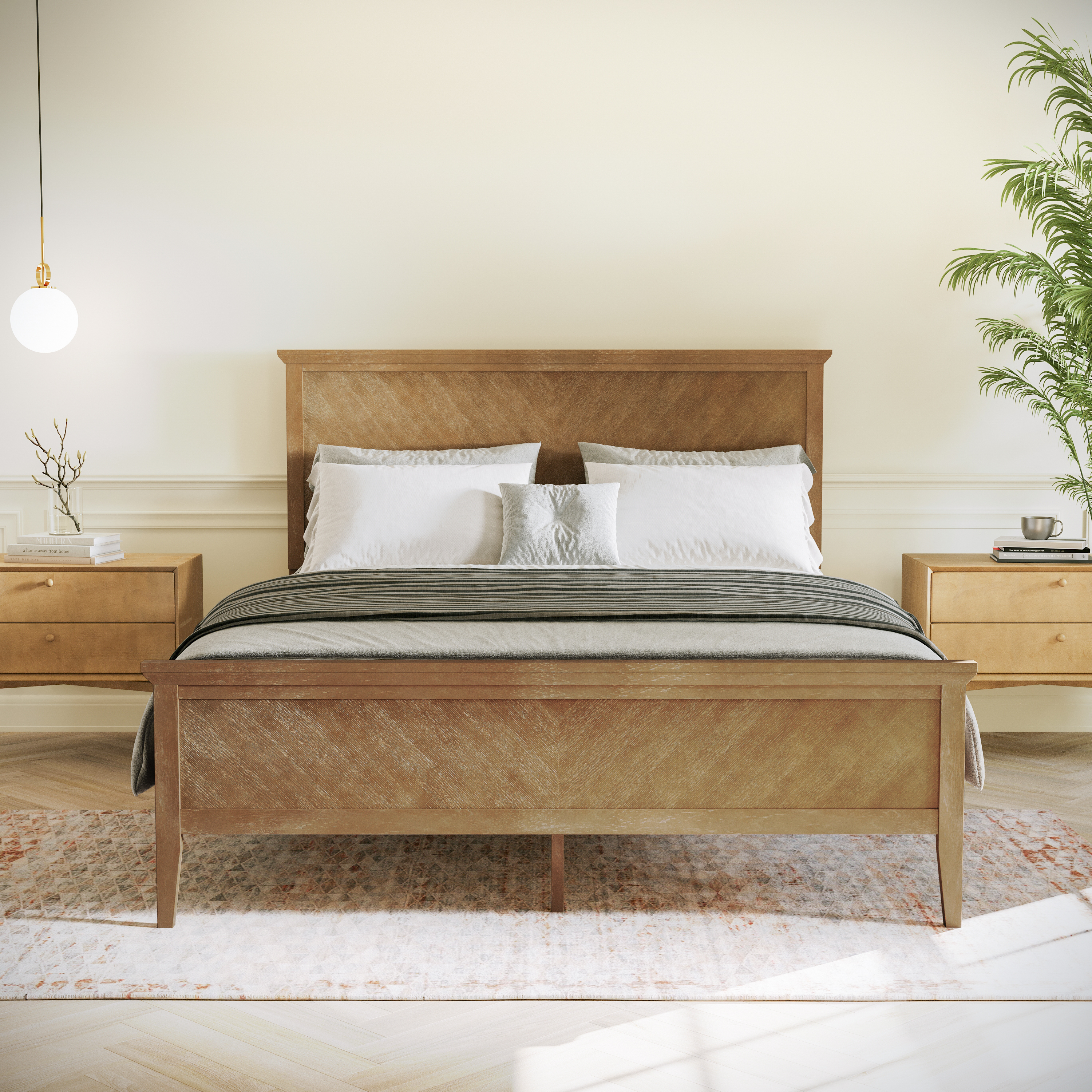Fiona Light Brown Queen Size Solid Wood Platform Bed Frame with Headboard, Footboard, and Slatted Bottom