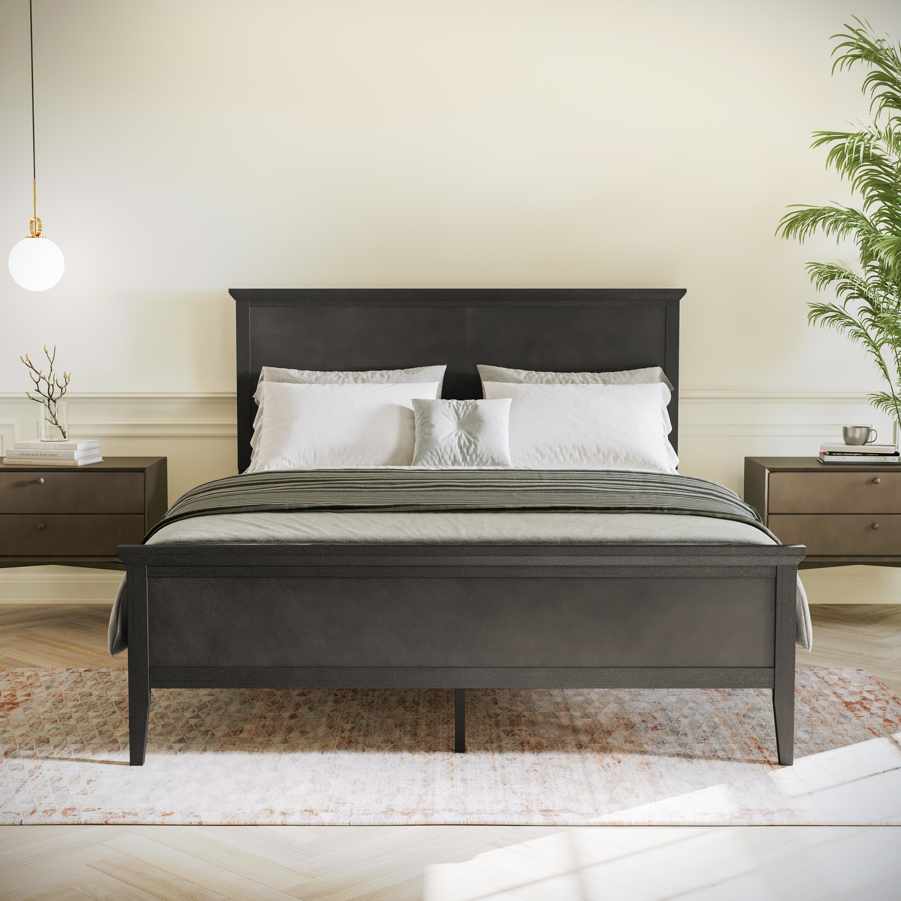 Fiona Dark Gray Queen Size Solid Wood Platform Bed Frame with Headboard, Footboard, and Slatted Bottom