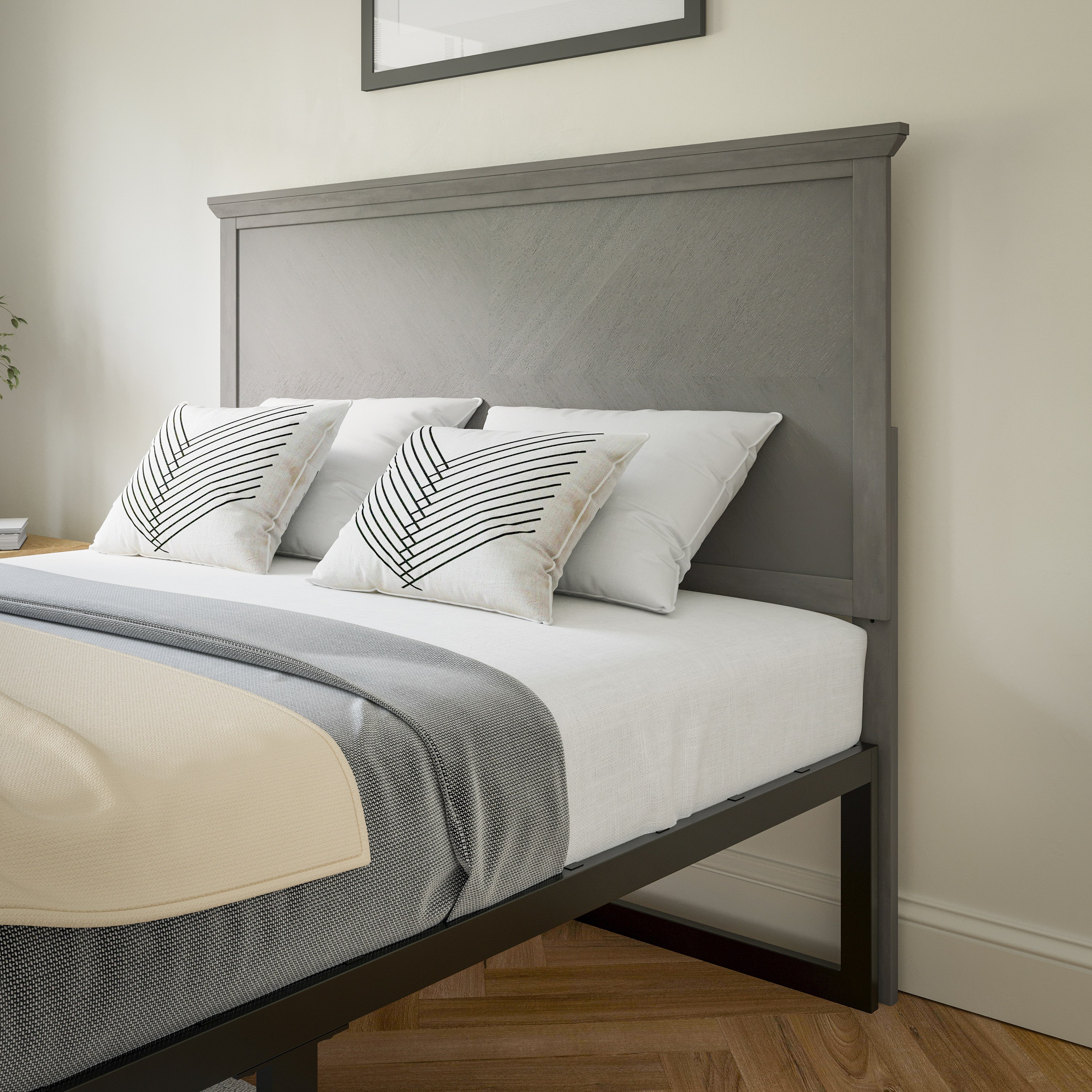 Fiona Full Size Herringbone Wooden Adjustable Headboard for Universal Metal Bed Frames in Gray Wash