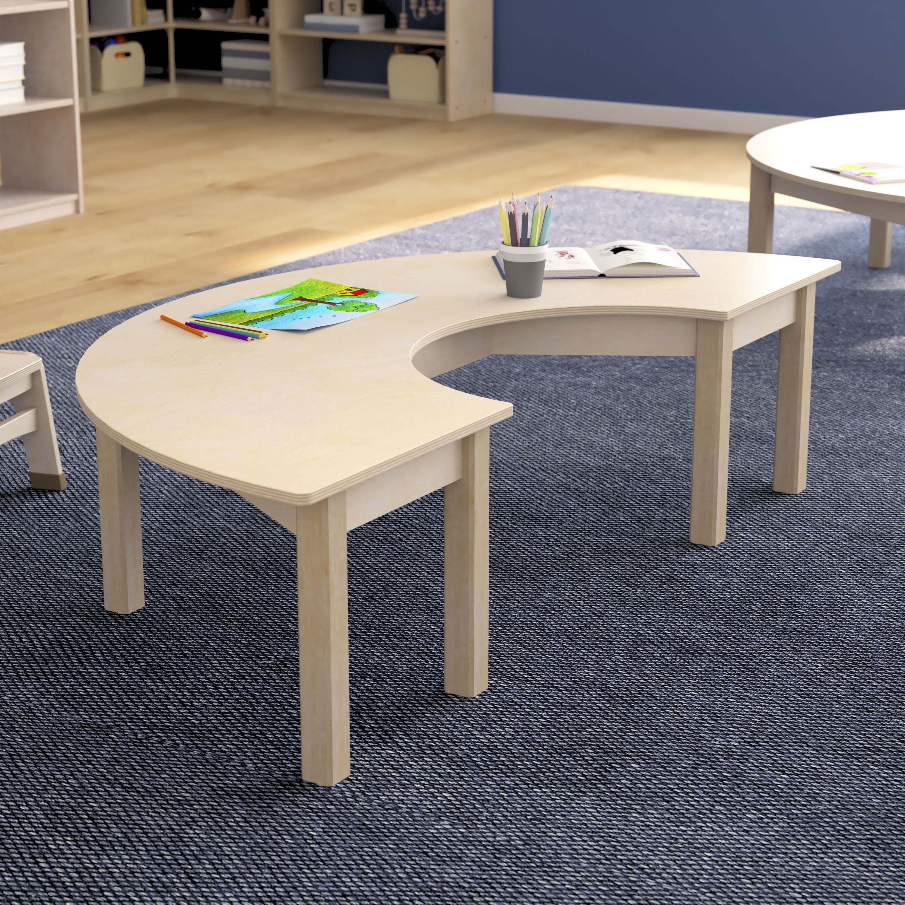 Bright Beginnings Commercial Grade Wooden Half Circle Preschool Classroom Activity Table, (29.5"W x 59"D x 14.5"H), Beech