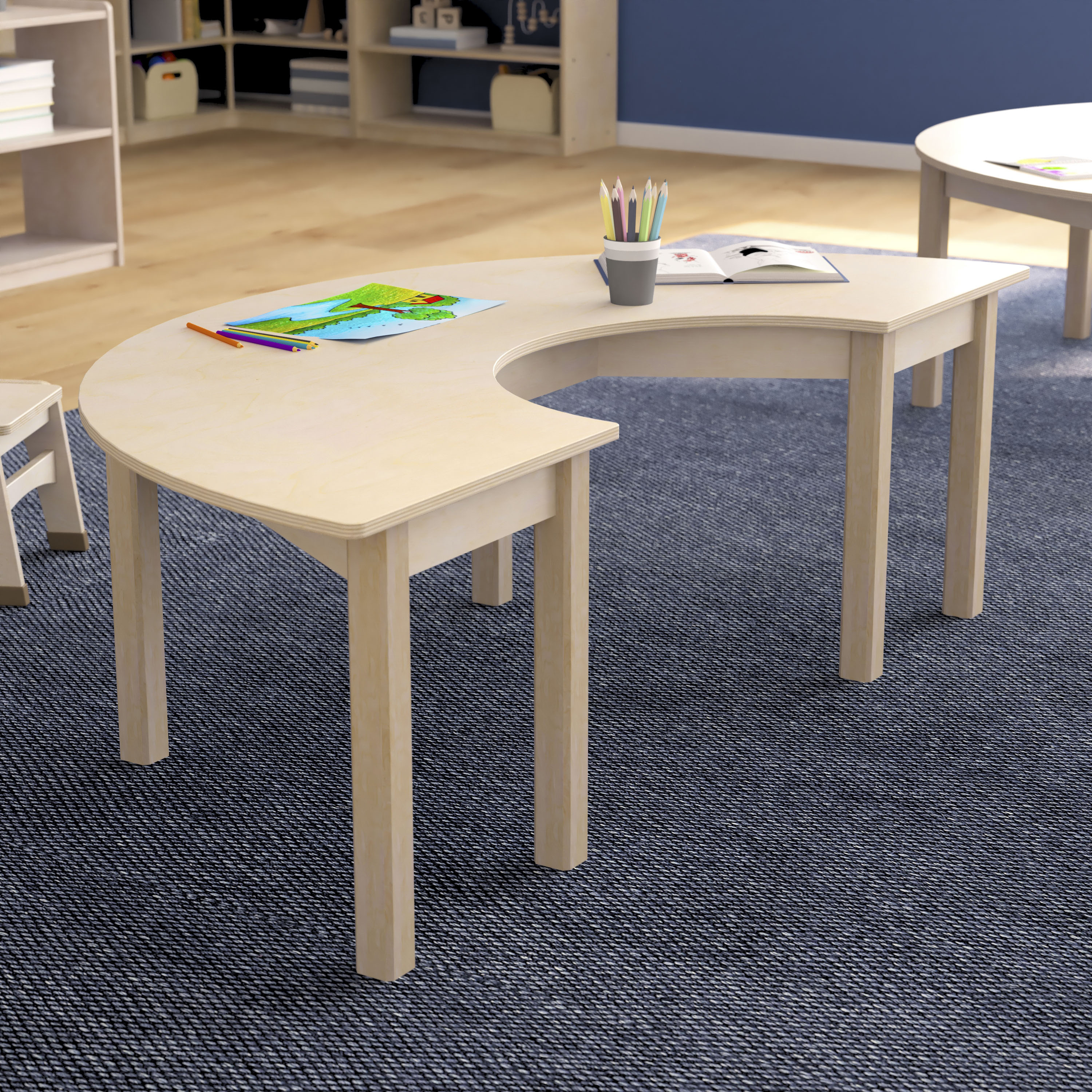 Bright Beginnings Commercial Grade Wooden Half Circle Preschool Classroom Activity Table, (29.5"W x 59"D x 18"H), Beech