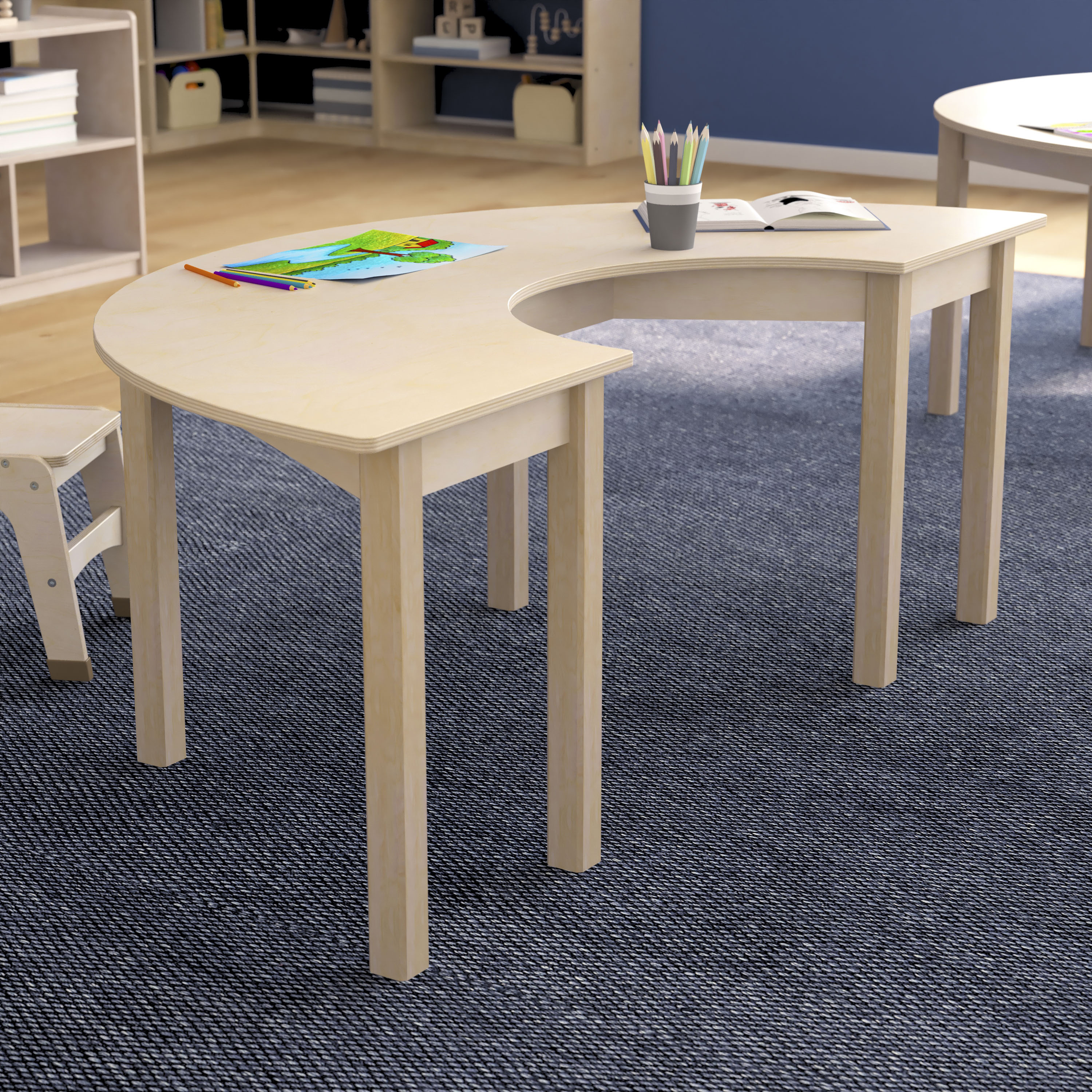 Bright Beginnings Commercial Grade Wooden Half Circle Preschool Classroom Activity Table, (29.5"W x 59"D x 21"H), Beech
