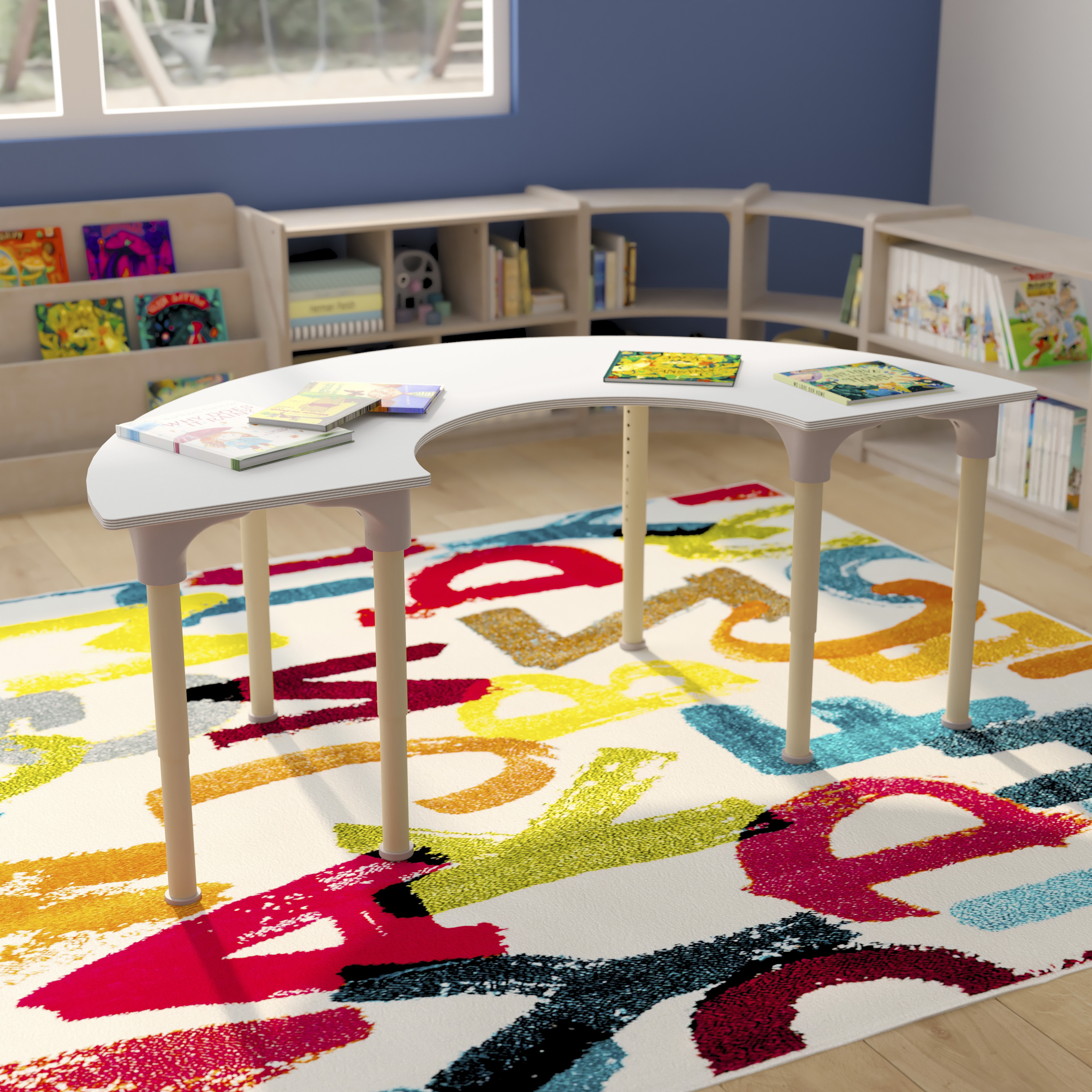 Bright Beginnings 59" Commercial Grade Wooden Half Circle Adjustable Height Classroom Activity Table - Metal Legs Adjust From 15"H - 23"H, Beech/White