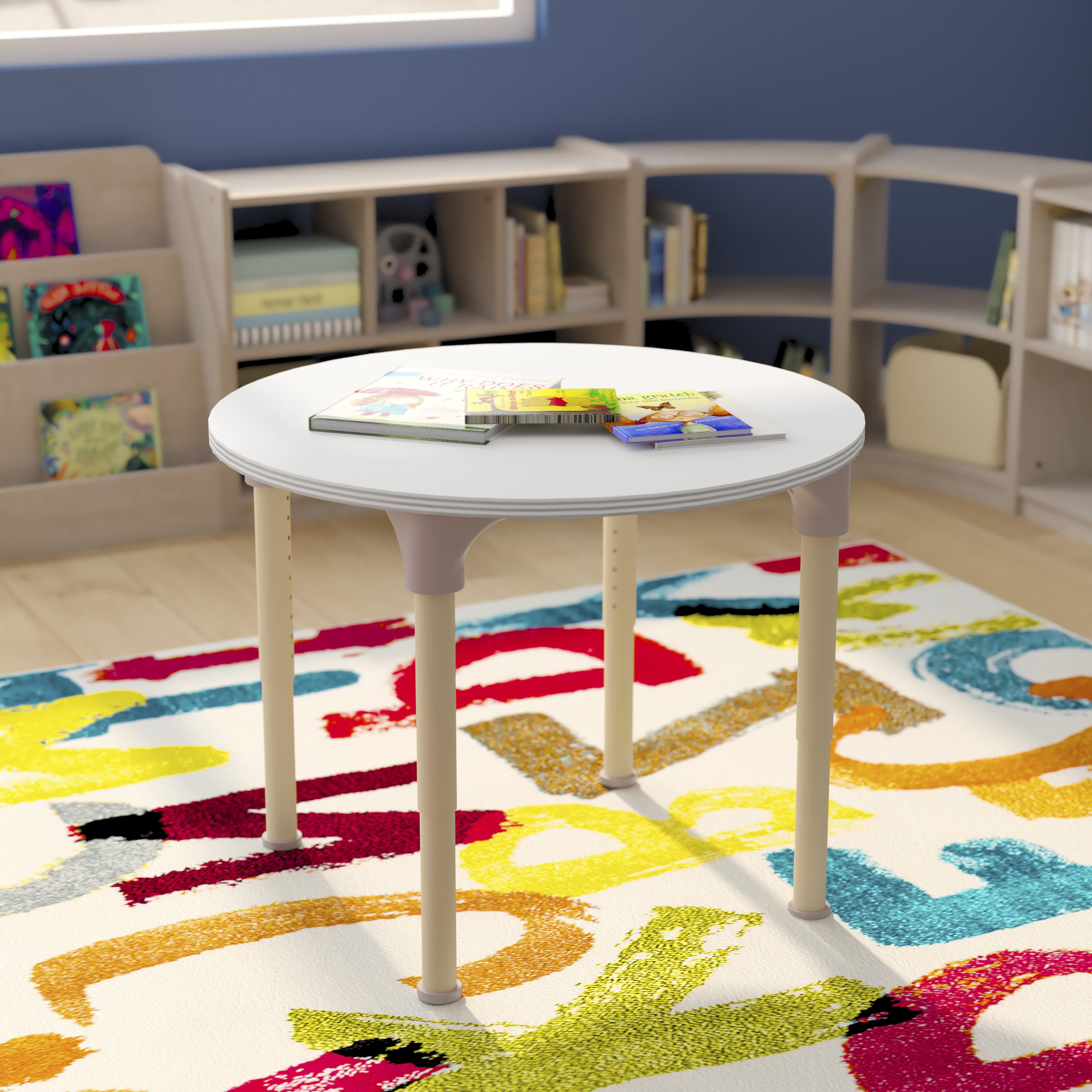 Bright Beginnings 33" Round Commercial Grade Wooden Adjustable Height Classroom Activity Table - Metal Legs Adjust From 15"H - 23"H, Beech/White