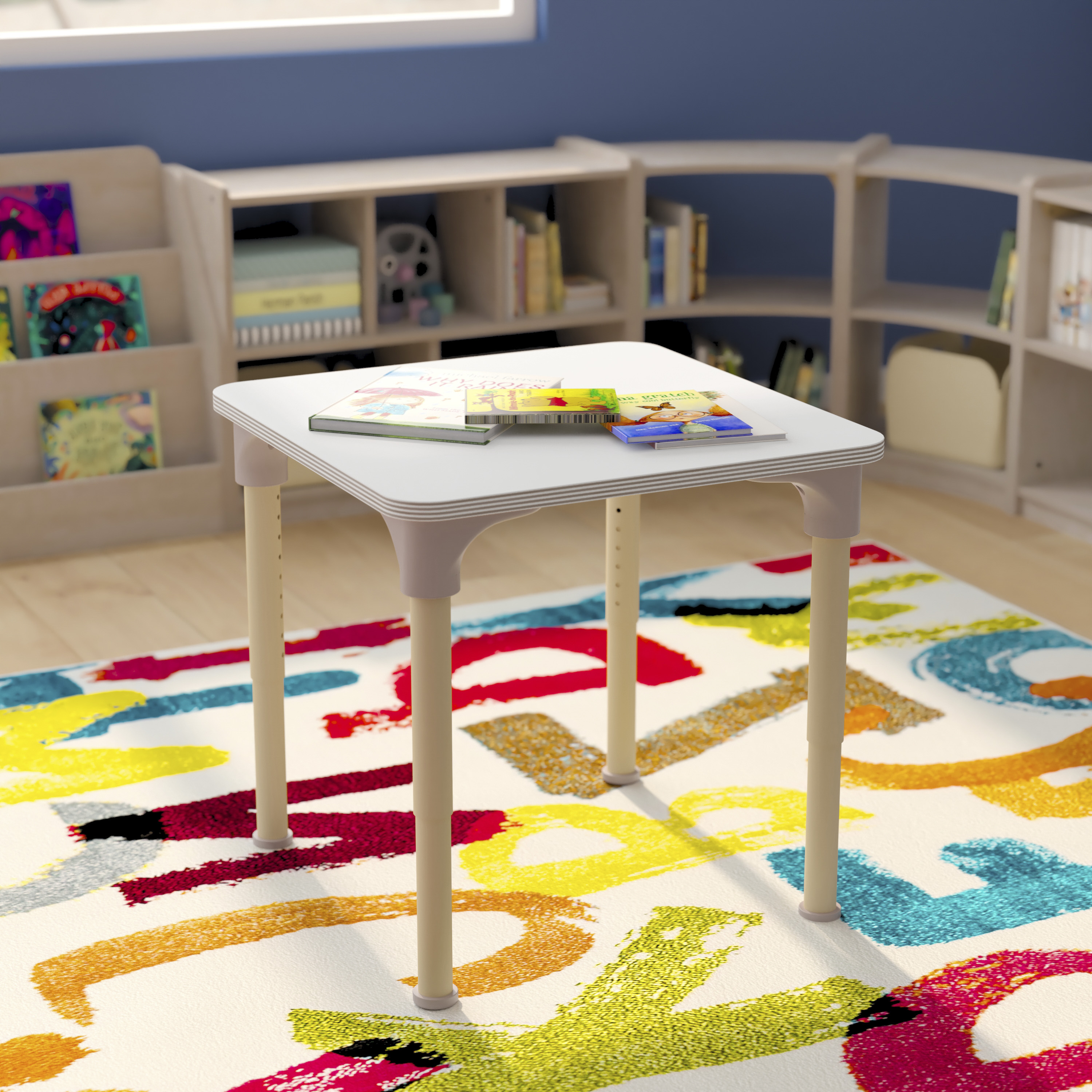 Bright Beginnings 24" Square Commercial Grade Wooden Adjustable Height Classroom Activity Table - Metal Legs Adjust From 15"H - 23"H, Beech/White