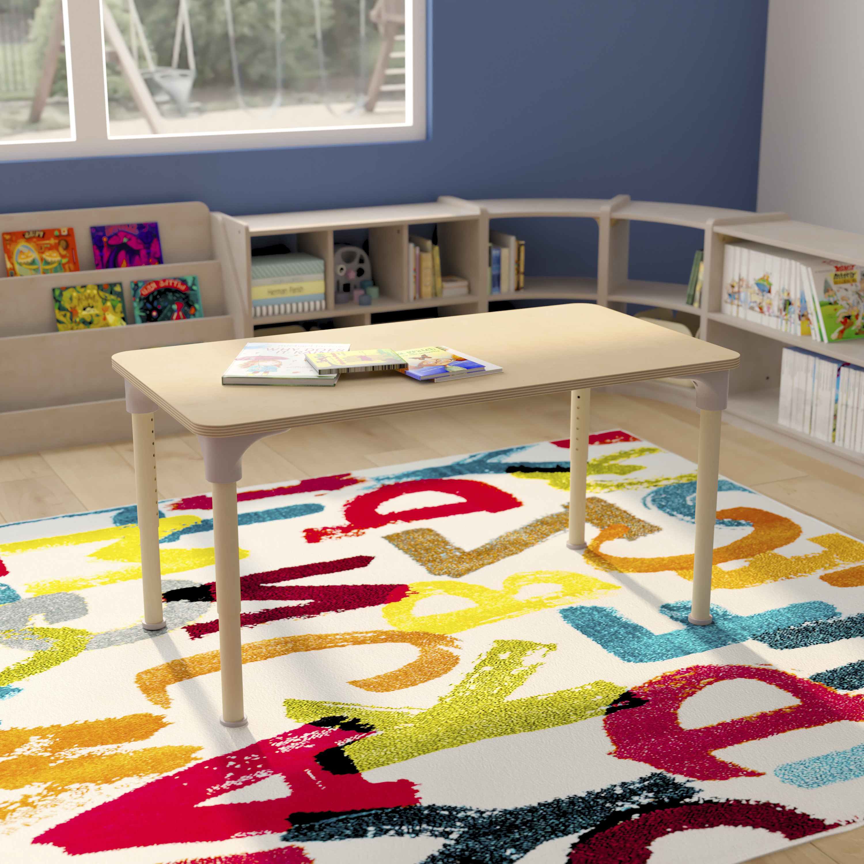 Bright Beginnings 23.5" x 47" Commercial Grade Wooden Rectangle Adjustable Height Classroom Activity Table - Metal Legs Adjust From 15"H - 23"H, Beech