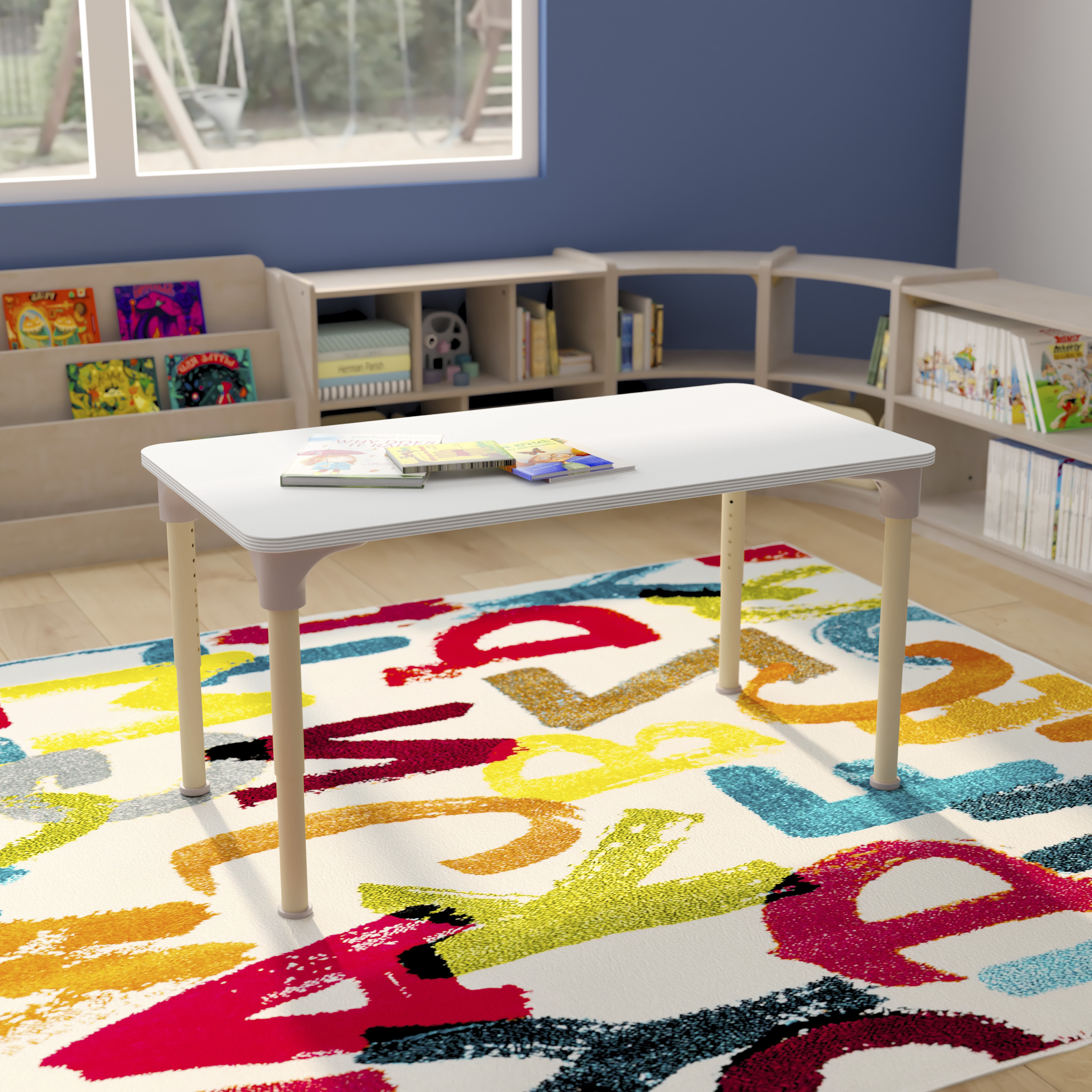 Bright Beginnings 23.5" x 47" Commercial Wooden Rectangle Adjustable Height Classroom Activity Table - Metal Legs Adjust From 15"H - 23"H, Beech/White