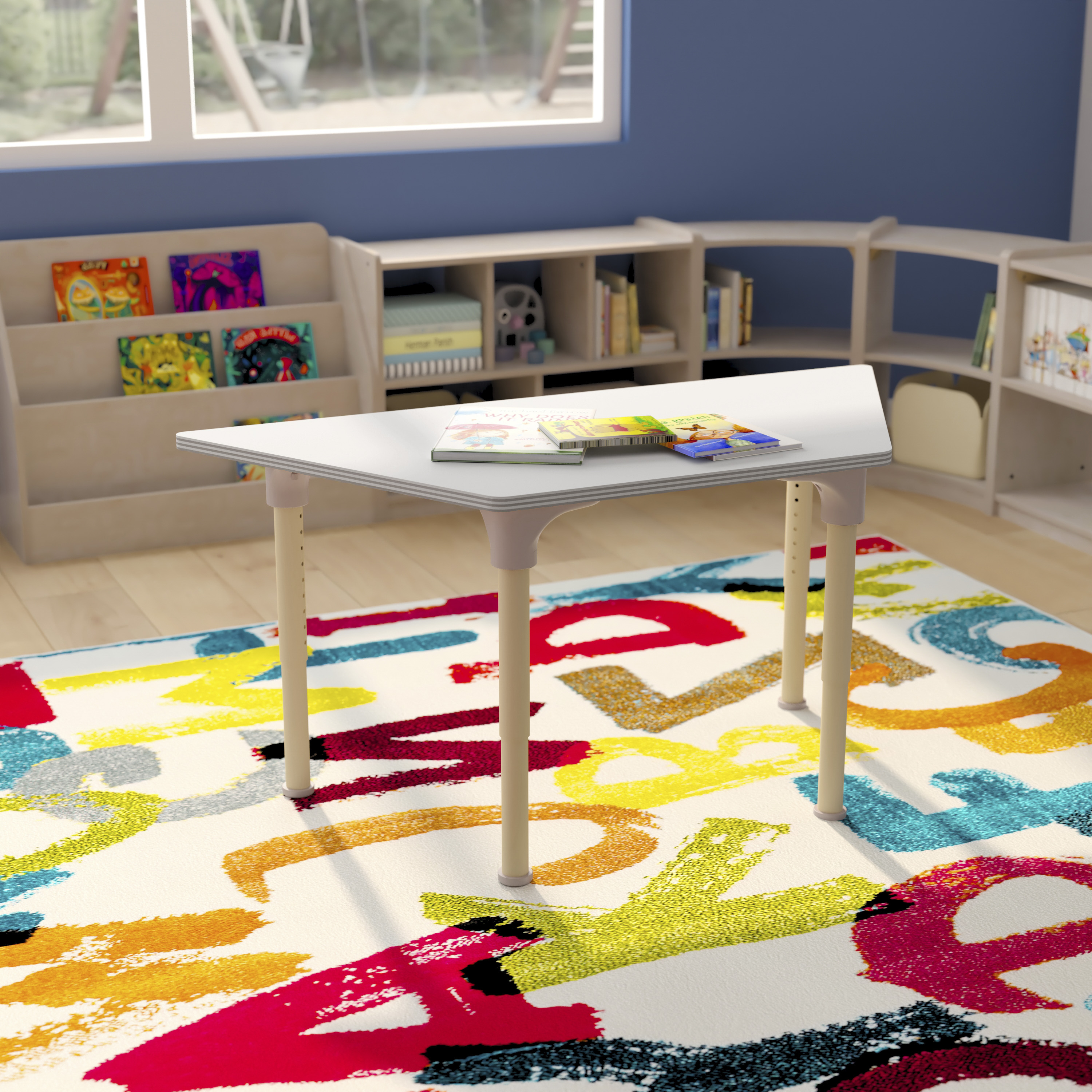 Bright Beginnings 47" Commercial Grade Wooden Trapezoid Adjustable Height Classroom Activity Table - Metal Legs Adjust From 15"H - 23"H, Beech/White