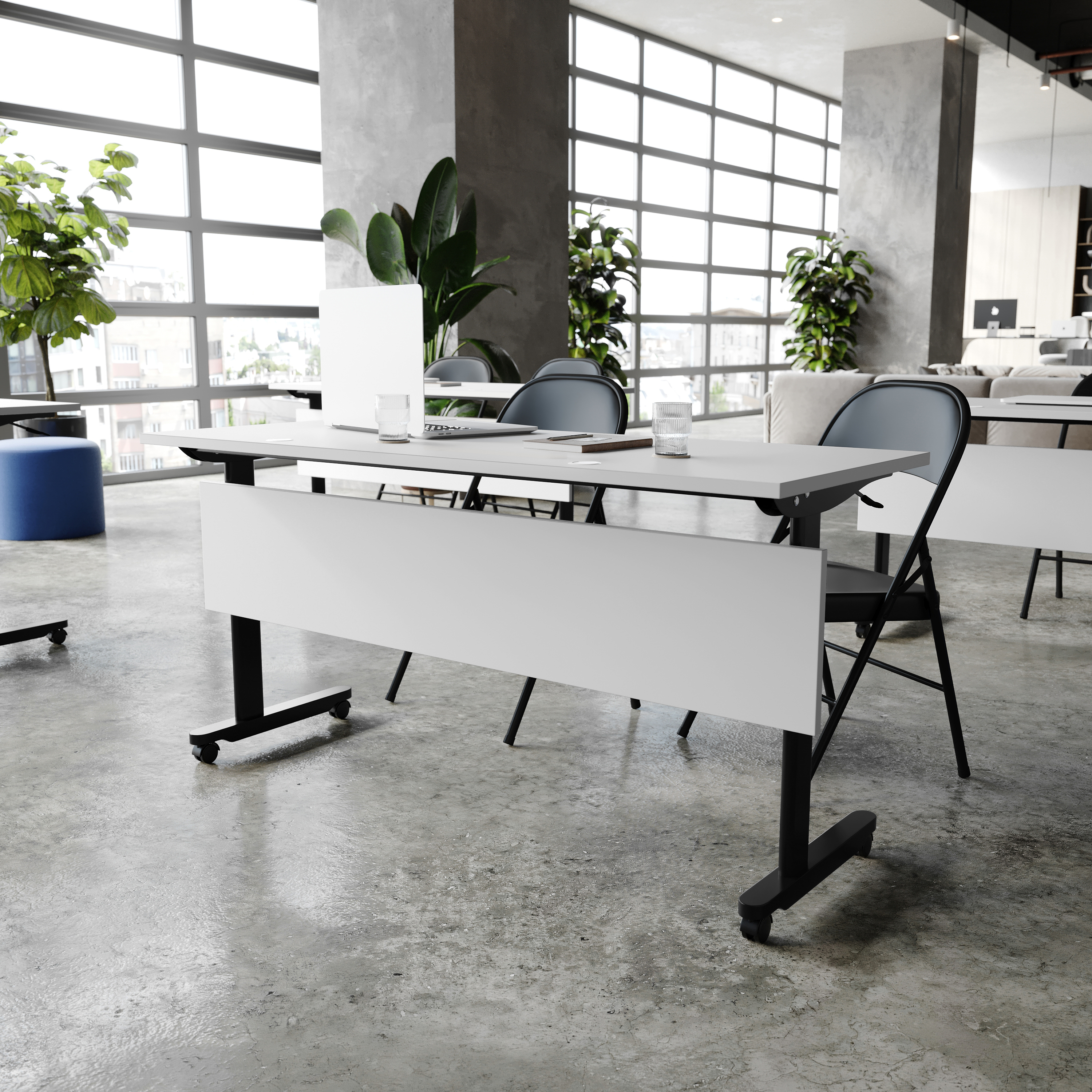 Palmer Commercial Grade 60" x 24" Heavy-Duty Nesting Flip Training Table with T-Legs, Modesty Panel, 1" Thick Gray Tabletop, and Black Steel Frame