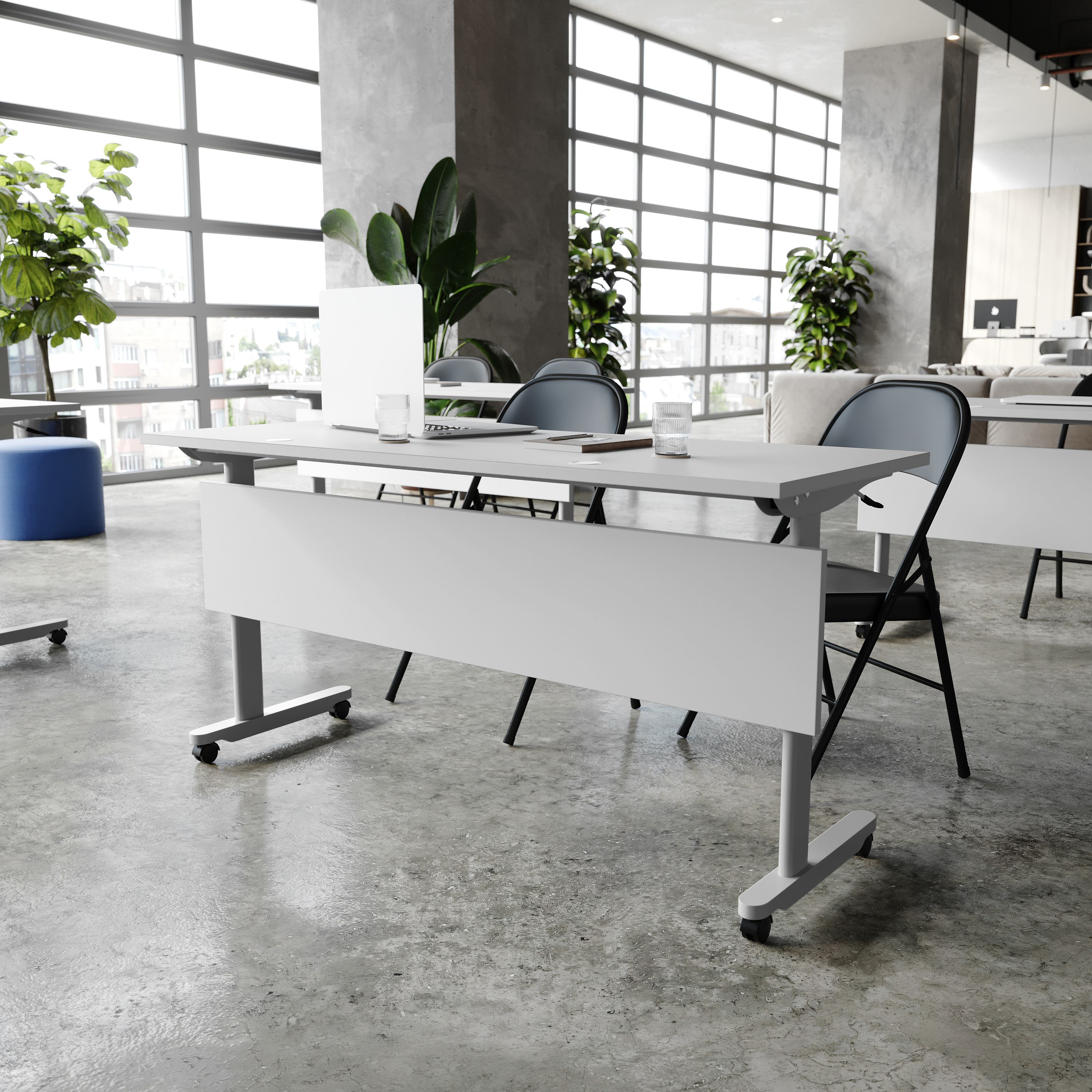 Palmer Commercial Grade 60" x 24" Heavy-Duty Nesting Flip Training Table with T-Legs, Modesty Panel, 1" Thick Gray Tabletop, and Gray Steel Frame
