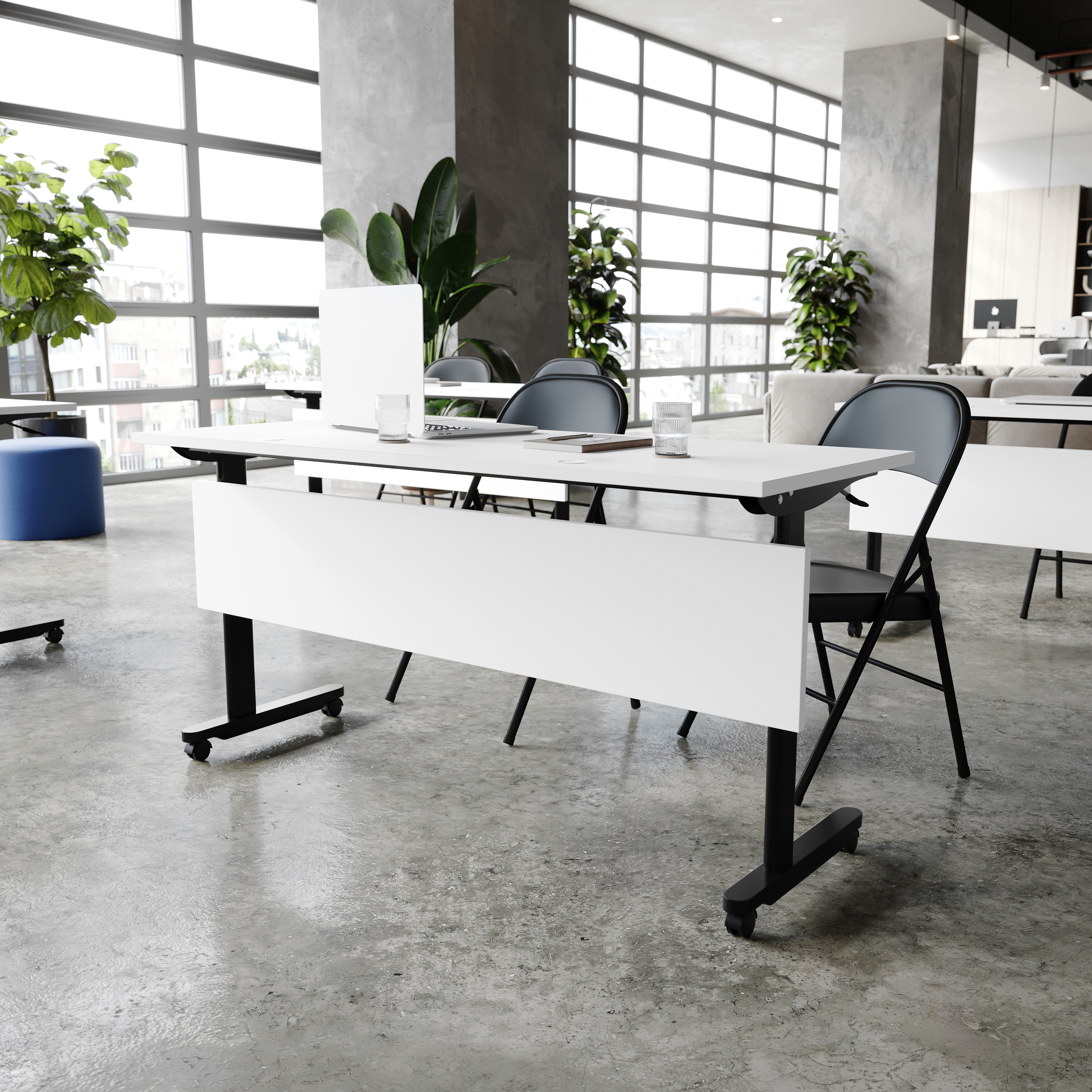 Palmer Commercial Grade 60" x 24" Heavy-Duty Nesting Flip Training Table with T-Legs, Modesty Panel, 1" Thick White Tabletop, and Black Steel Frame