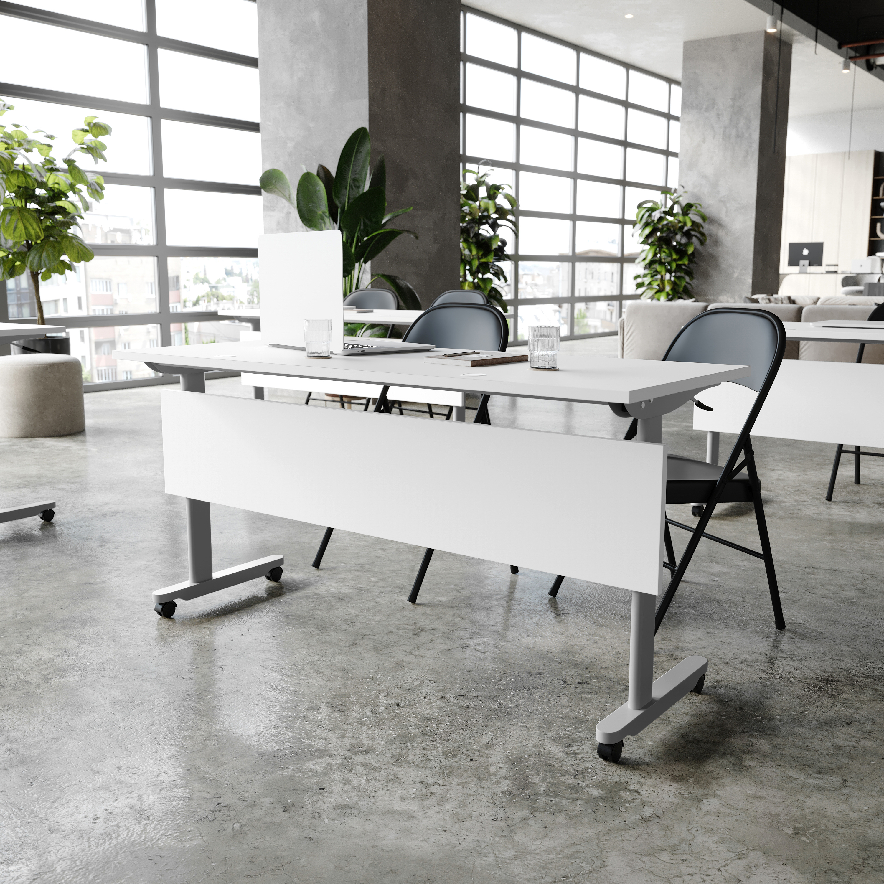 Palmer Commercial Grade 60" x 24" Heavy-Duty Nesting Flip Training Table with T-Legs, Modesty Panel, 1" Thick White Tabletop, and Gray Steel Frame