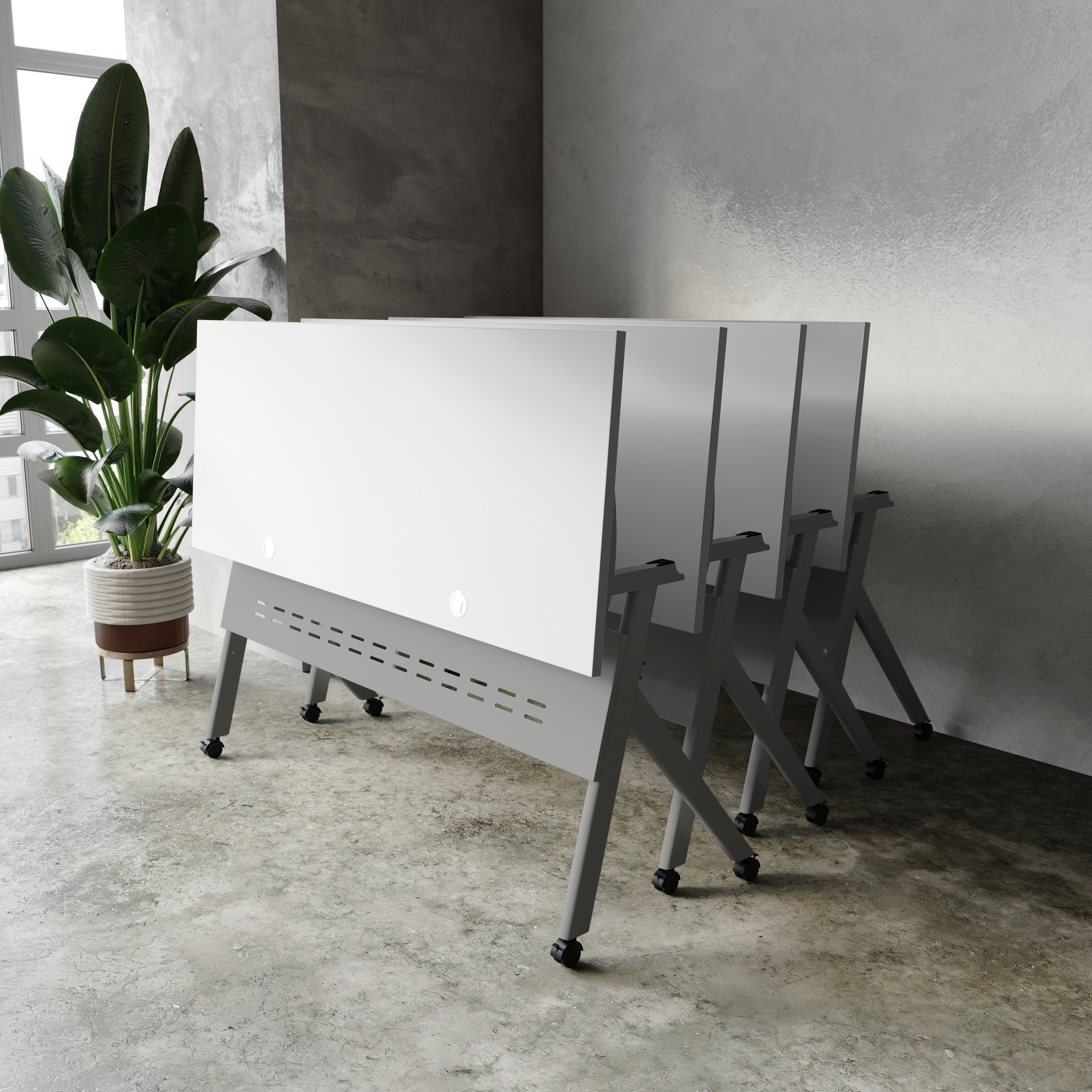 Davis Commercial Grade 60" x 24" Heavy-Duty Nesting Flip Training Table with Y-Legs, Modesty Panel, 1" Thick Gray Tabletop, and Gray Steel Frame