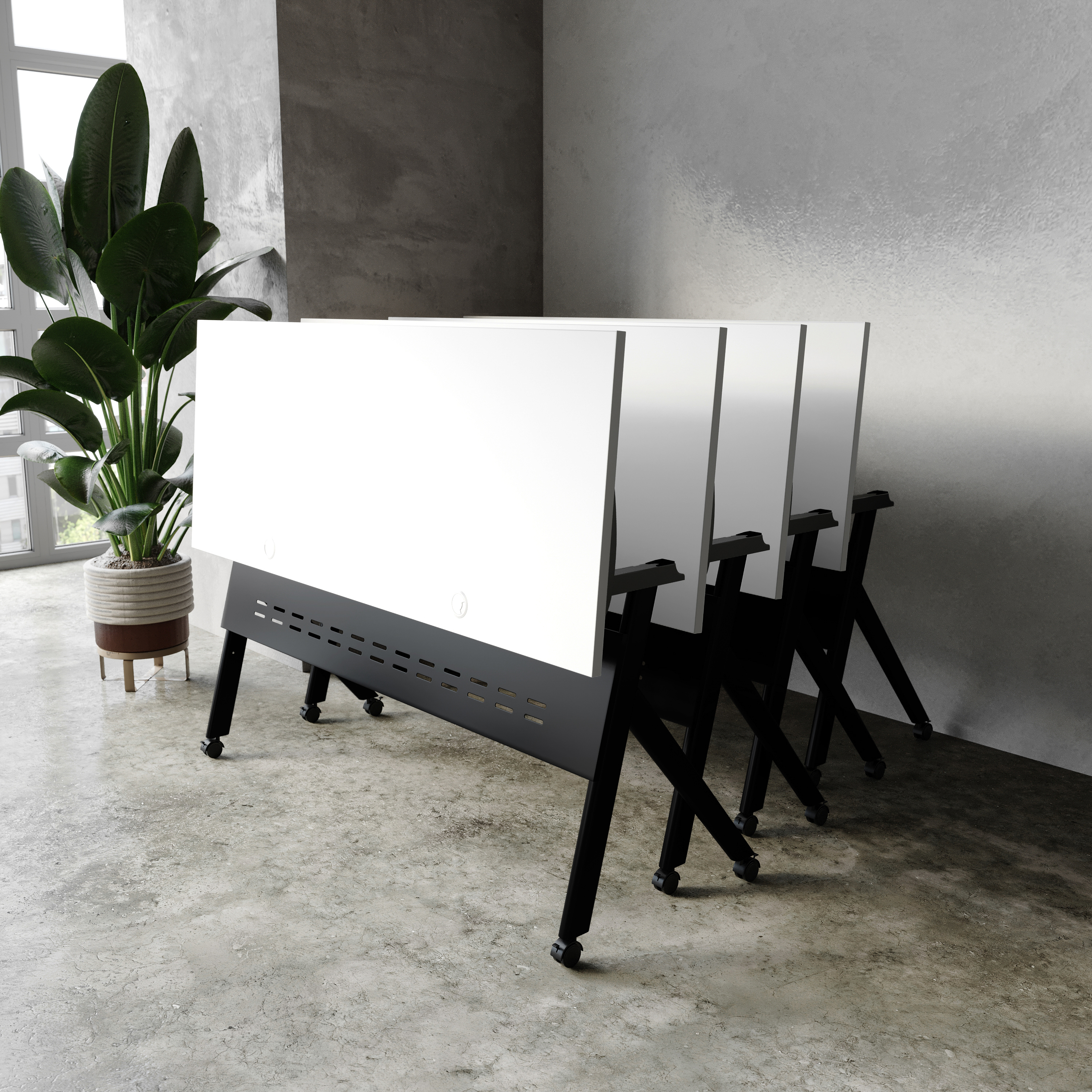 Davis Commercial Grade 60" x 24" Heavy-Duty Nesting Flip Training Table with Y-Legs, Modesty Panel, 1" Thick White Tabletop, and Black Steel Frame