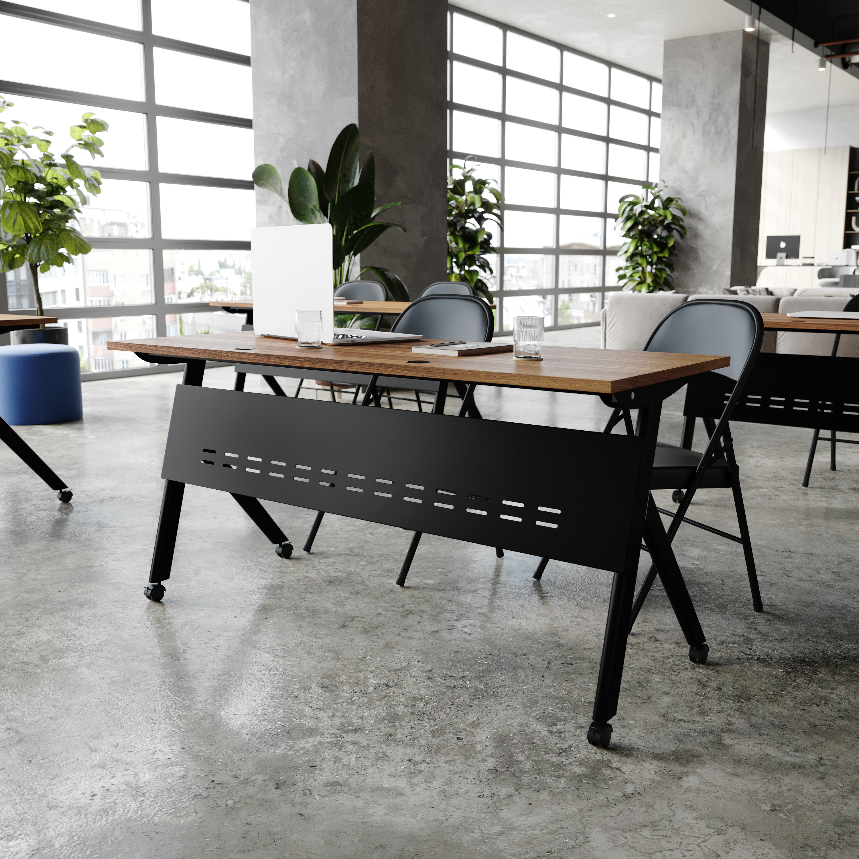 Davis Commercial Grade 60" x 24" Heavy-Duty Nesting Flip Training Table with Y-Legs, Modesty Panel, 1" Thick Walnut Tabletop, and Black Steel Frame