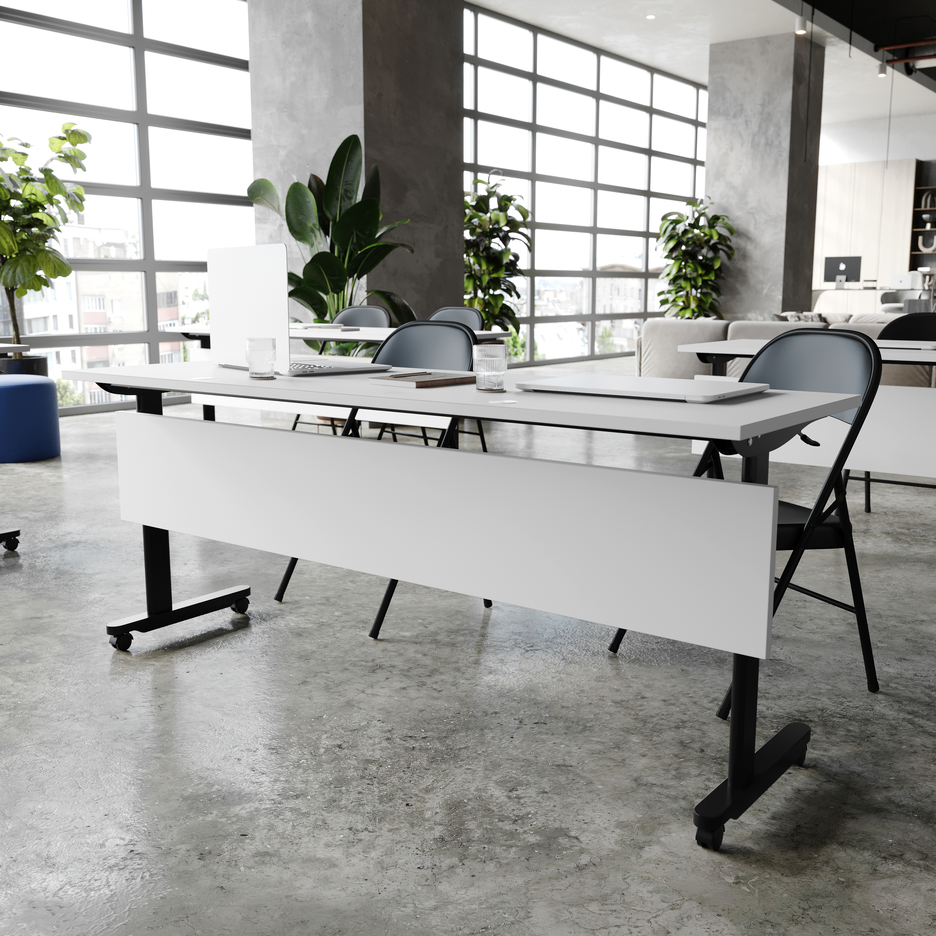 Palmer Commercial Grade 72" x 24" Heavy-Duty Nesting Flip Training Table with T-Legs, Modesty Panel, 1" Thick Gray Tabletop, and Black Steel Frame