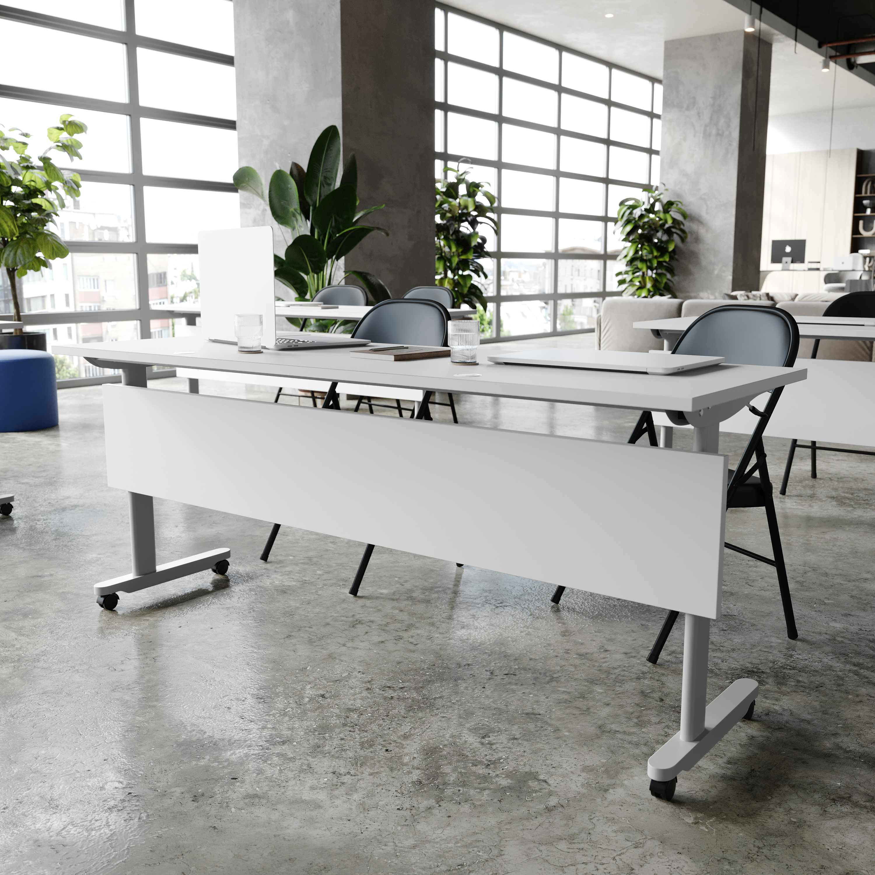 Palmer Commercial Grade 72" x 24" Heavy-Duty Nesting Flip Training Table with T-Legs, Modesty Panel, 1" Thick Gray Tabletop, and Gray Steel Frame