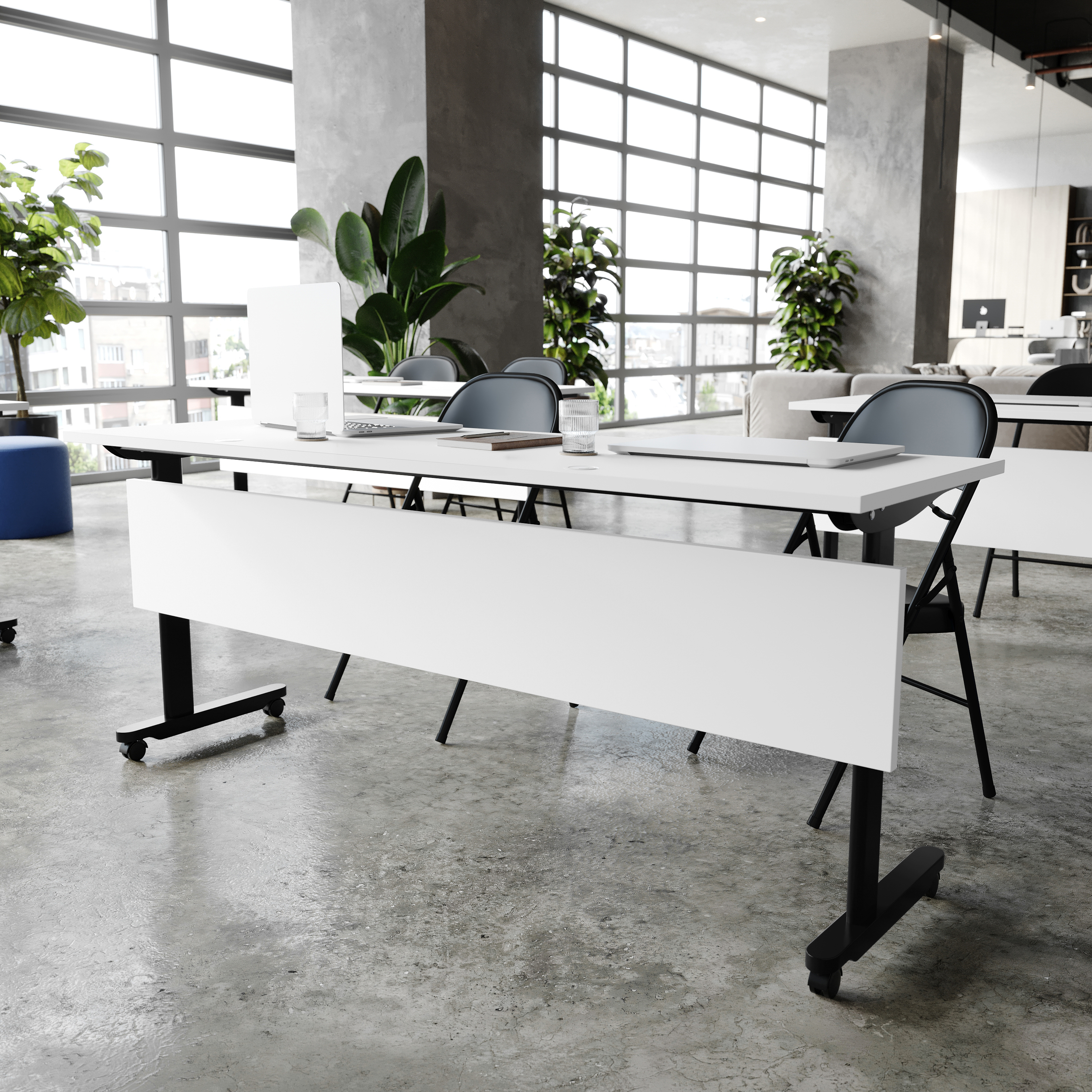 Palmer Commercial Grade 72" x 24" Heavy-Duty Nesting Flip Training Table with T-Legs, Modesty Panel, 1" Thick White Tabletop, and Black Steel Frame