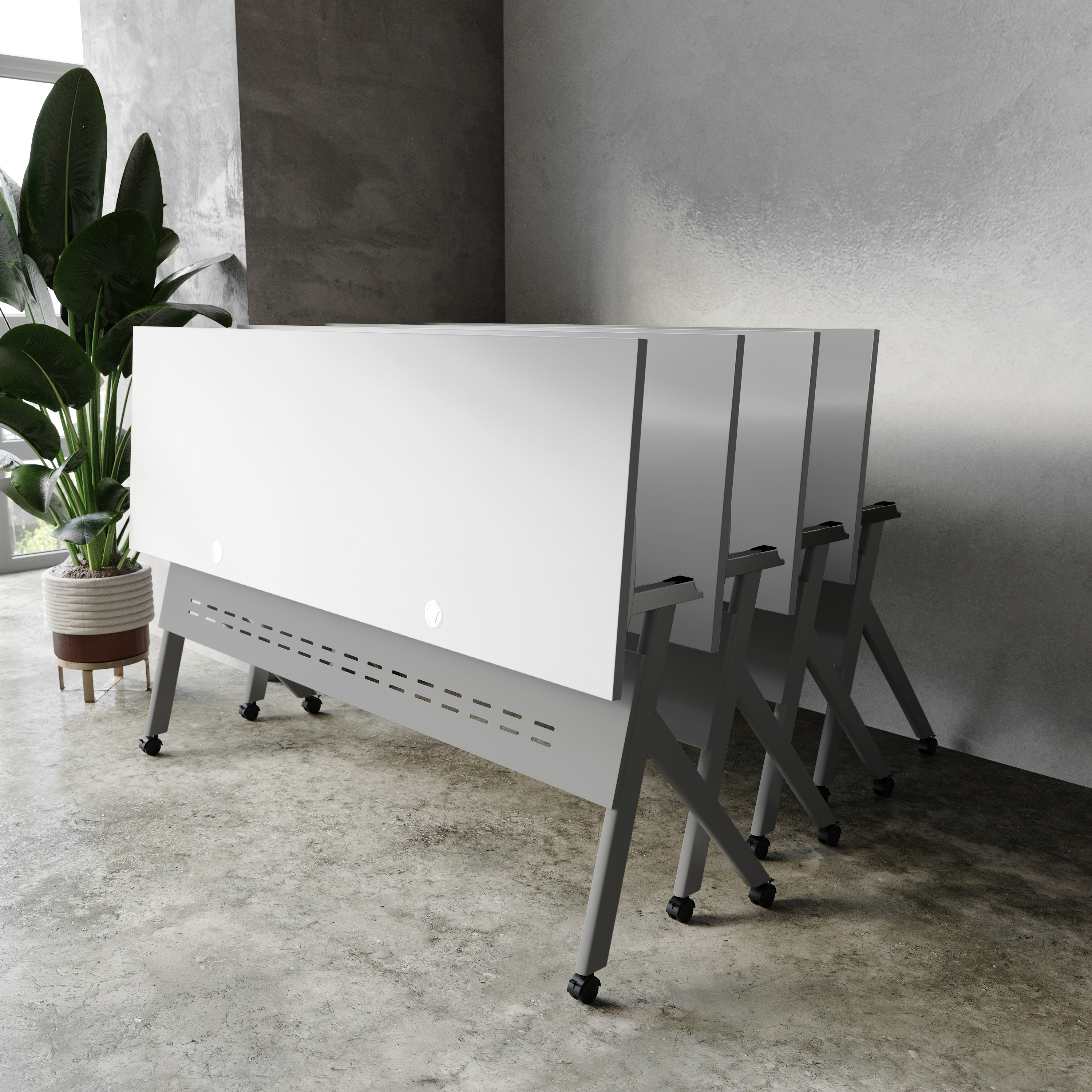 Davis Commercial Grade 72" x 24" Heavy-Duty Nesting Flip Training Table with Y-Legs, Modesty Panel, 1" Thick Gray Tabletop, and Gray Steel Frame