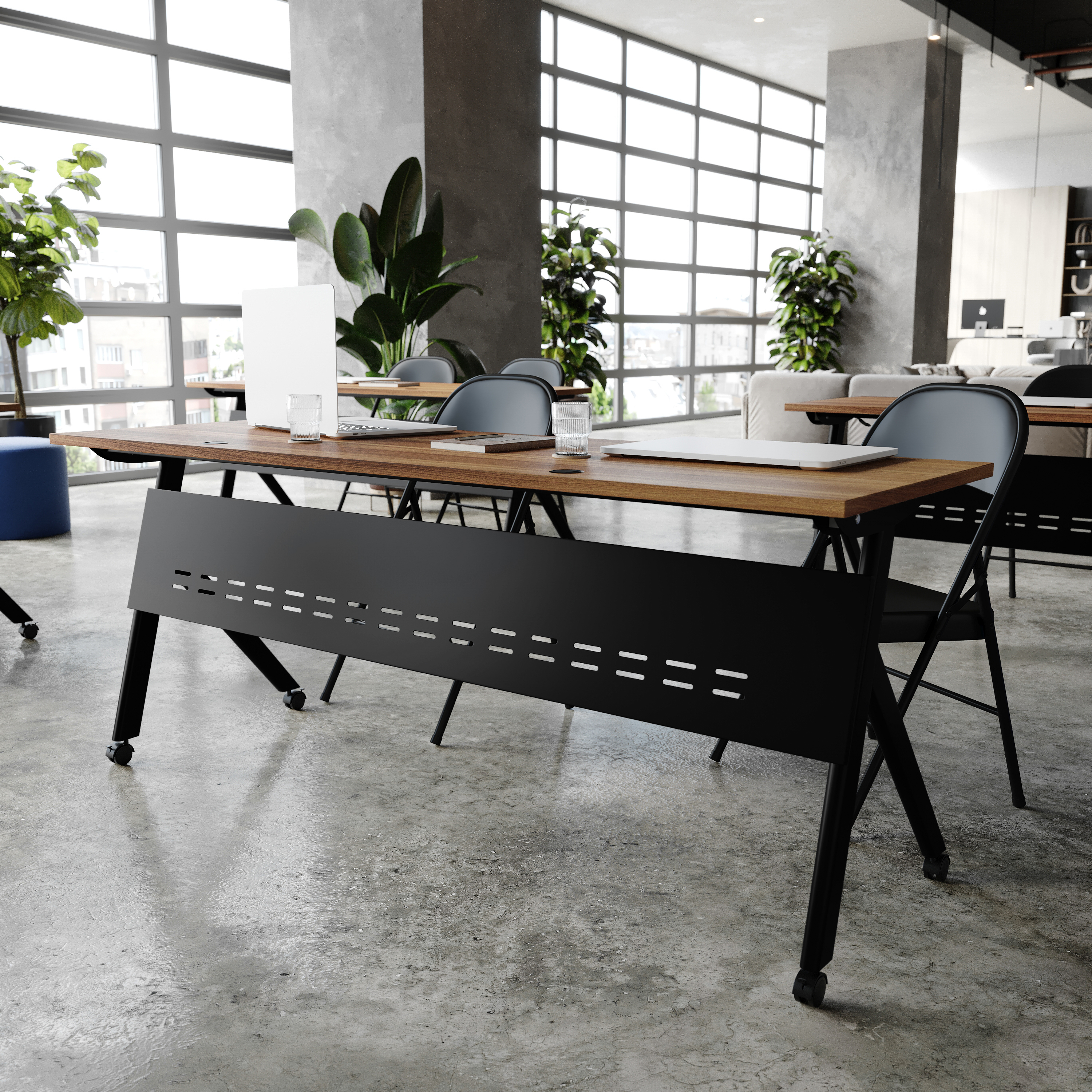 Davis Commercial Grade 72" x 24" Heavy-Duty Nesting Flip Training Table with Y-Legs, Modesty Panel, 1" Thick Walnut Tabletop, and Black Steel Frame