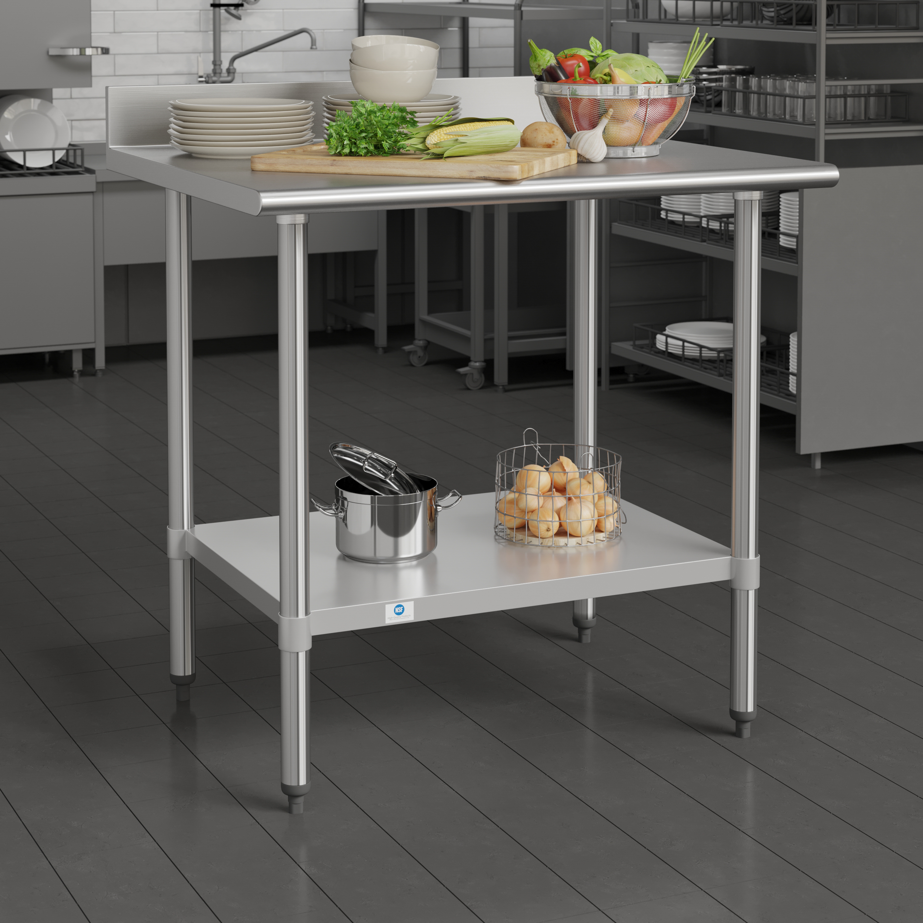 Reese Commercial Grade 430 Stainless Steel 18 Gauge NSF Certified 30" x 36" Kitchen Prep and Work Table with Adjustable Shelf and 4" Backsplash