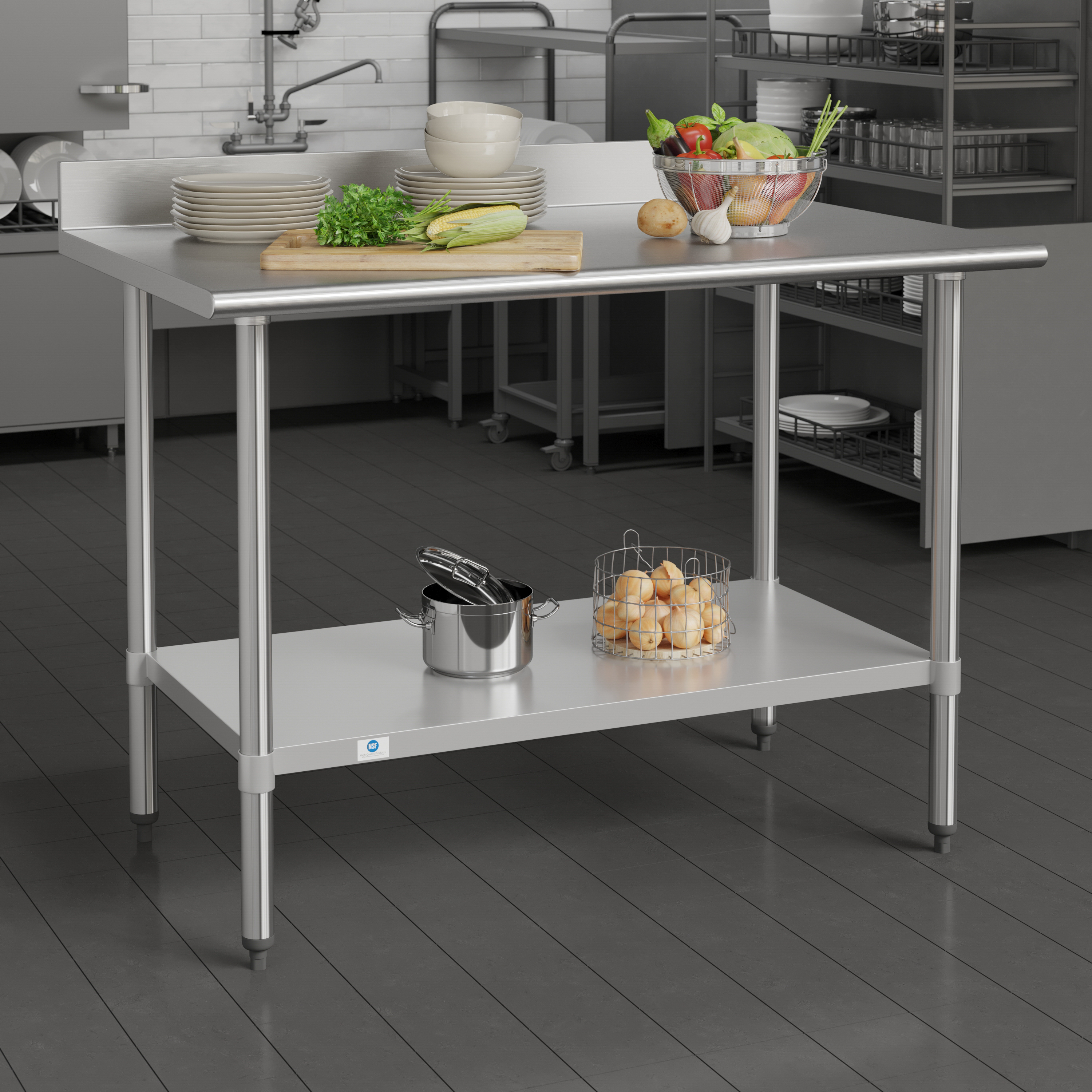 Reese Commercial Grade 430 Stainless Steel 18 Gauge NSF Certified 30" x 48" Kitchen Prep and Work Table with Adjustable Shelf and 4" Backsplash