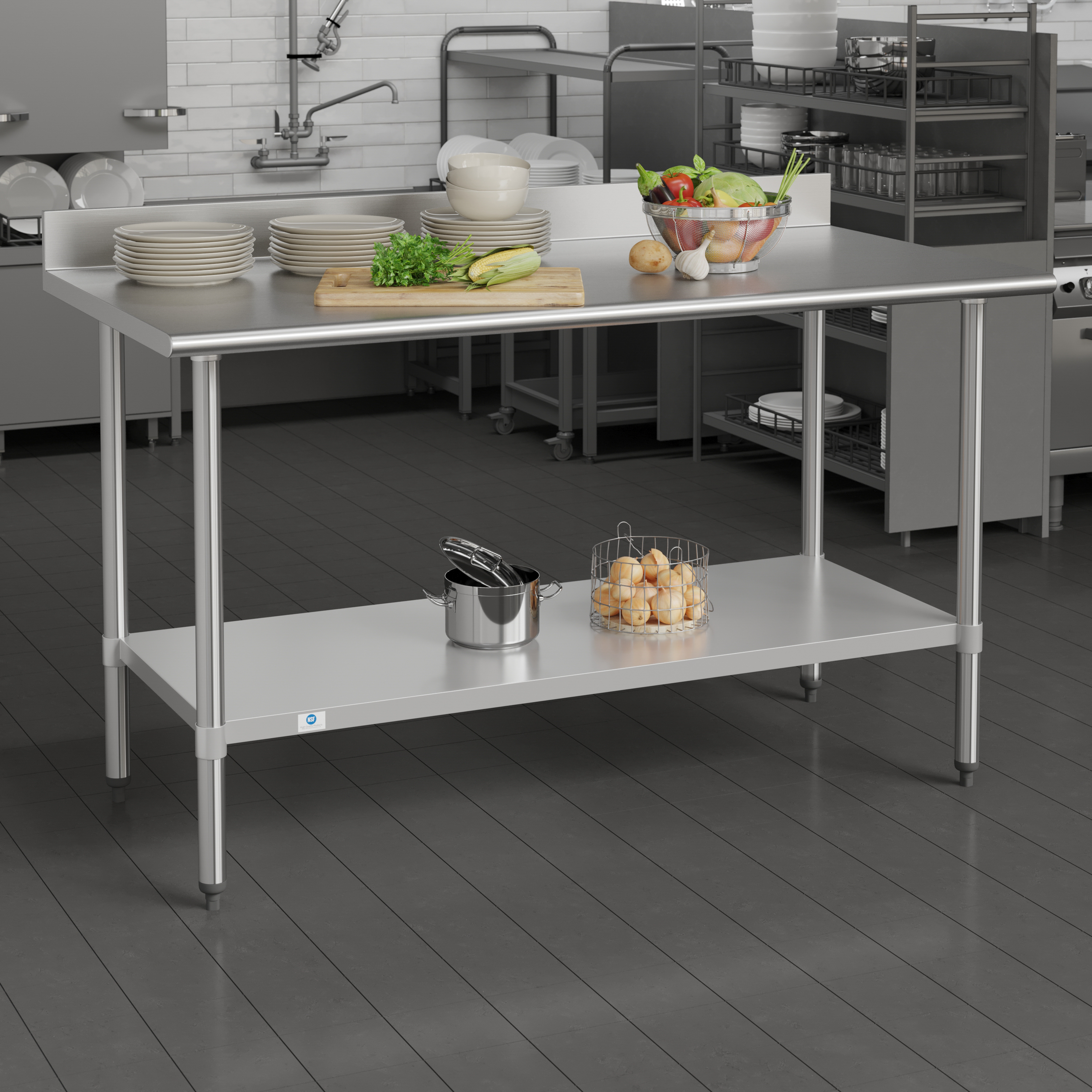 Reese Commercial Grade 430 Stainless Steel 18 Gauge NSF Certified 30" x 60" Kitchen Prep and Work Table with Adjustable Shelf and 4" Backsplash