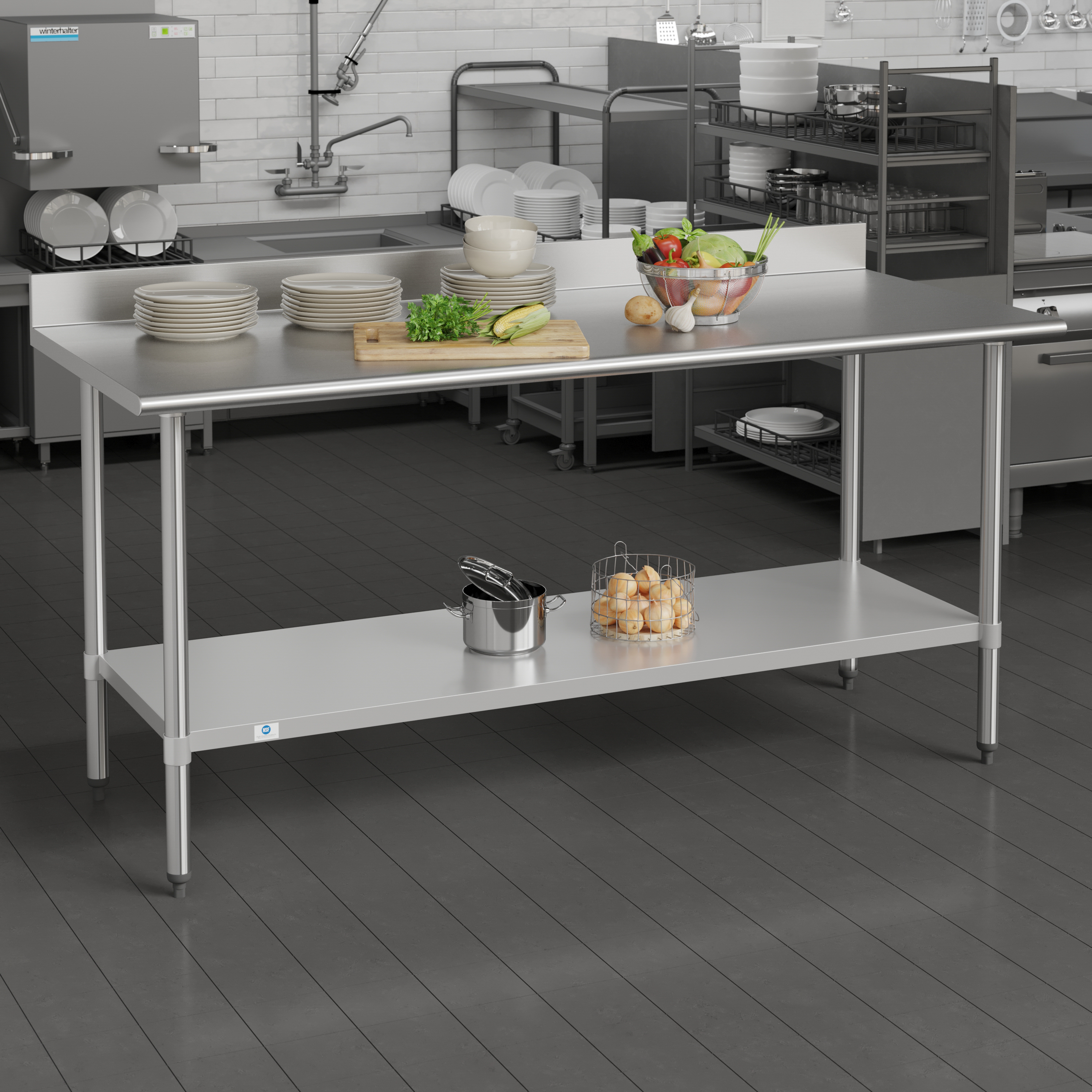 Reese Commercial Grade 430 Stainless Steel 18 Gauge NSF Certified 30" x 72" Kitchen Prep and Work Table with Adjustable Shelf and 4" Backsplash