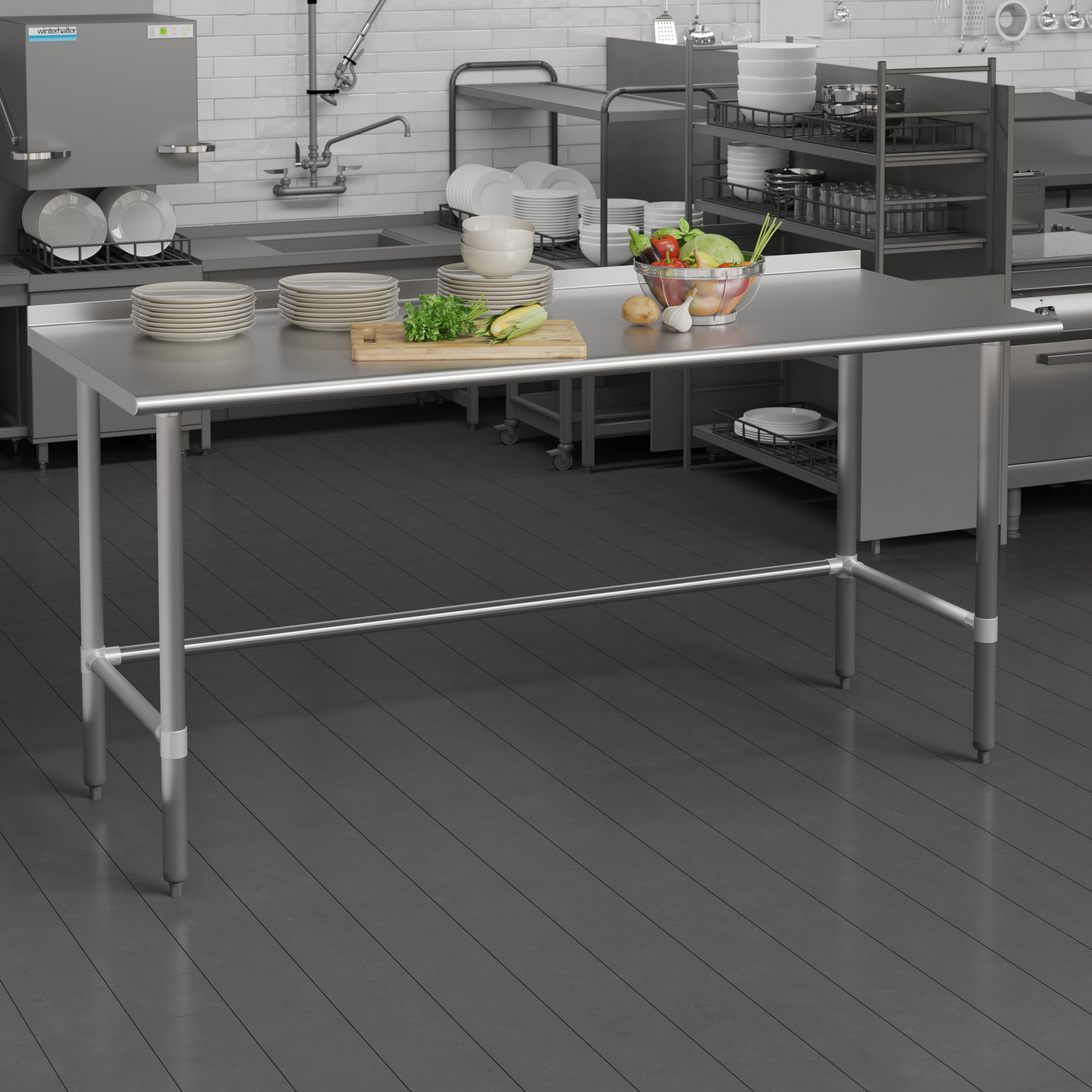 Reese Commercial Grade 430 Stainless Steel 18 Gauge NSF Certified Open Base Kitchen Prep and Work Table with 1.5" Backsplash