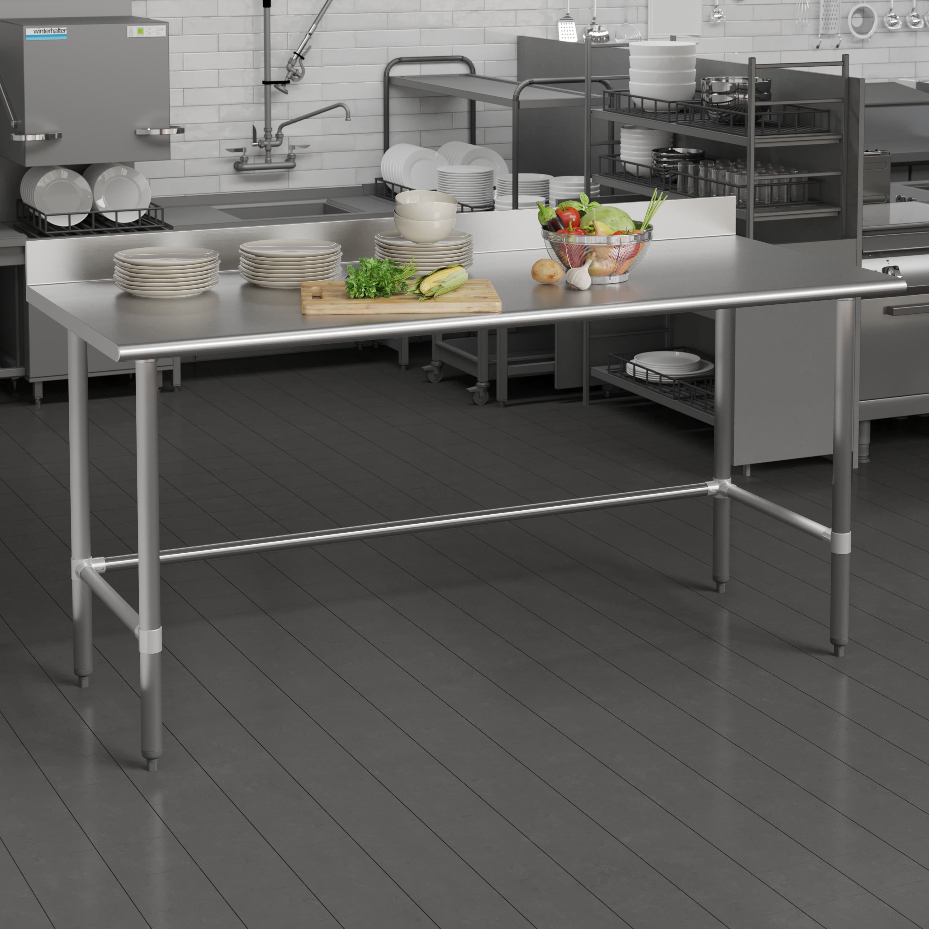 Reese Commercial Grade 430 Stainless Steel 18 Gauge NSF Certified Open Base Kitchen Prep and Work Table with 4" Backsplash