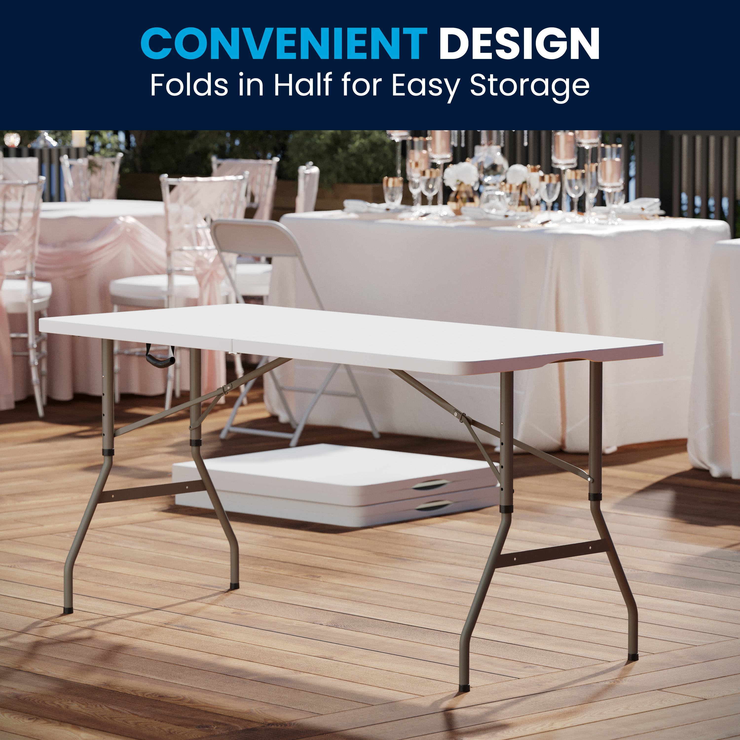 Kathryn 5-Foot Height Adjustable Bi-Fold Granite White Plastic Banquet and Event Folding Table with Carrying Handle