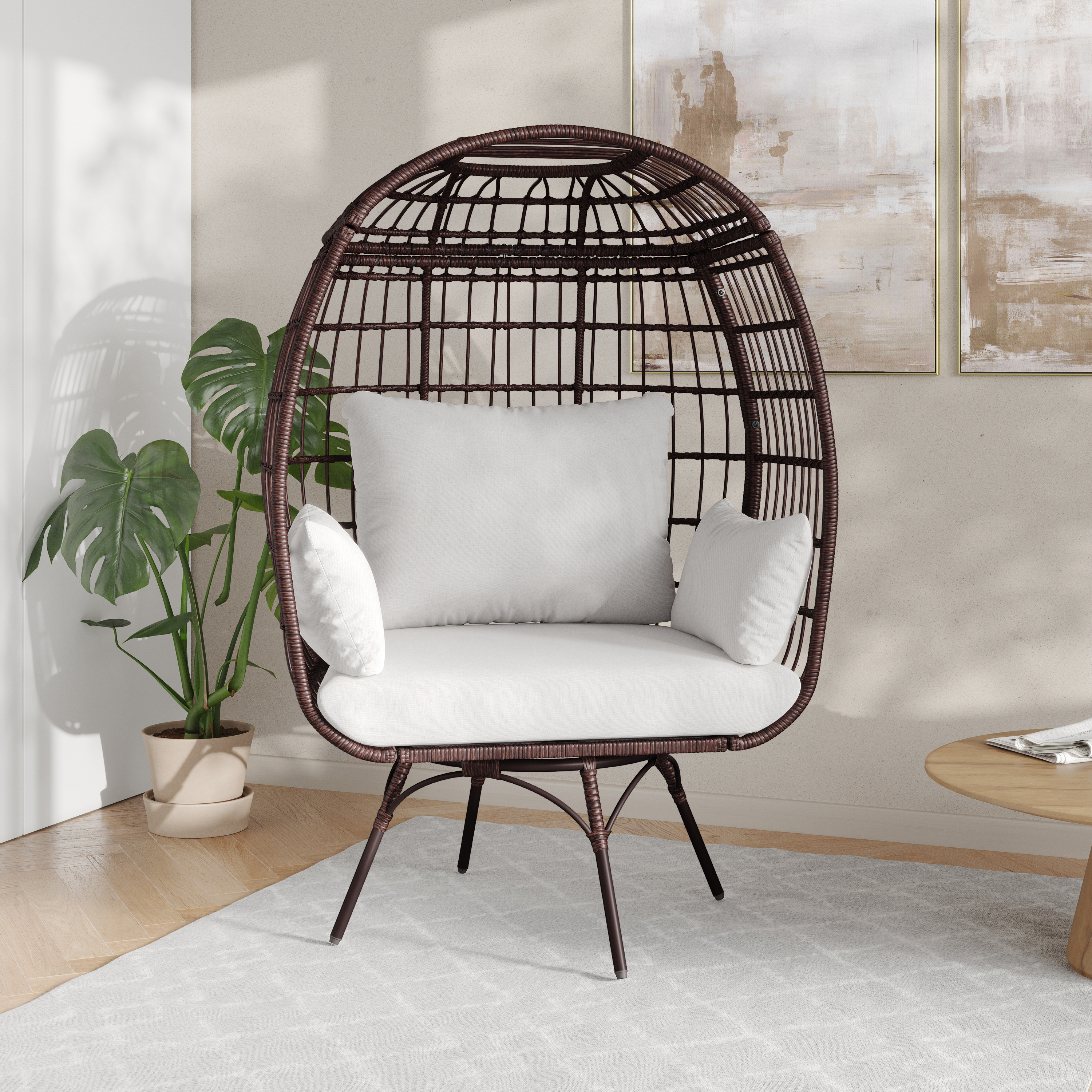 Zola Commercial Brown/Cream Indoor/Outdoor Oversized Wicker Egg Swivel Lounge Chair with 4 Cushions for Living Room, Patio, and Backyard Use