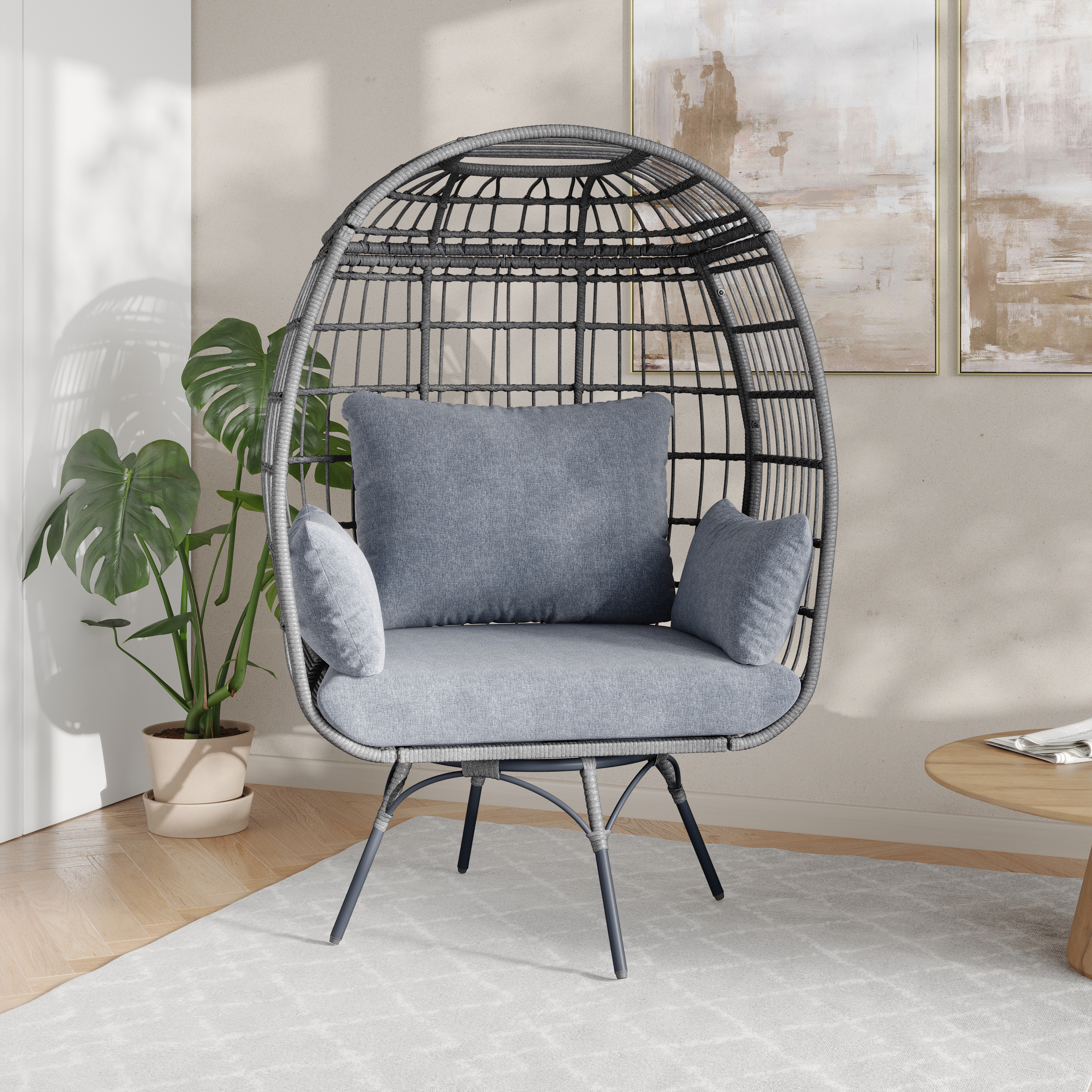 Zola Commercial Gray Indoor/Outdoor Oversized Wicker Egg Swivel Lounge Chair with 4 Cushions for Living Room, Patio, and Backyard Use