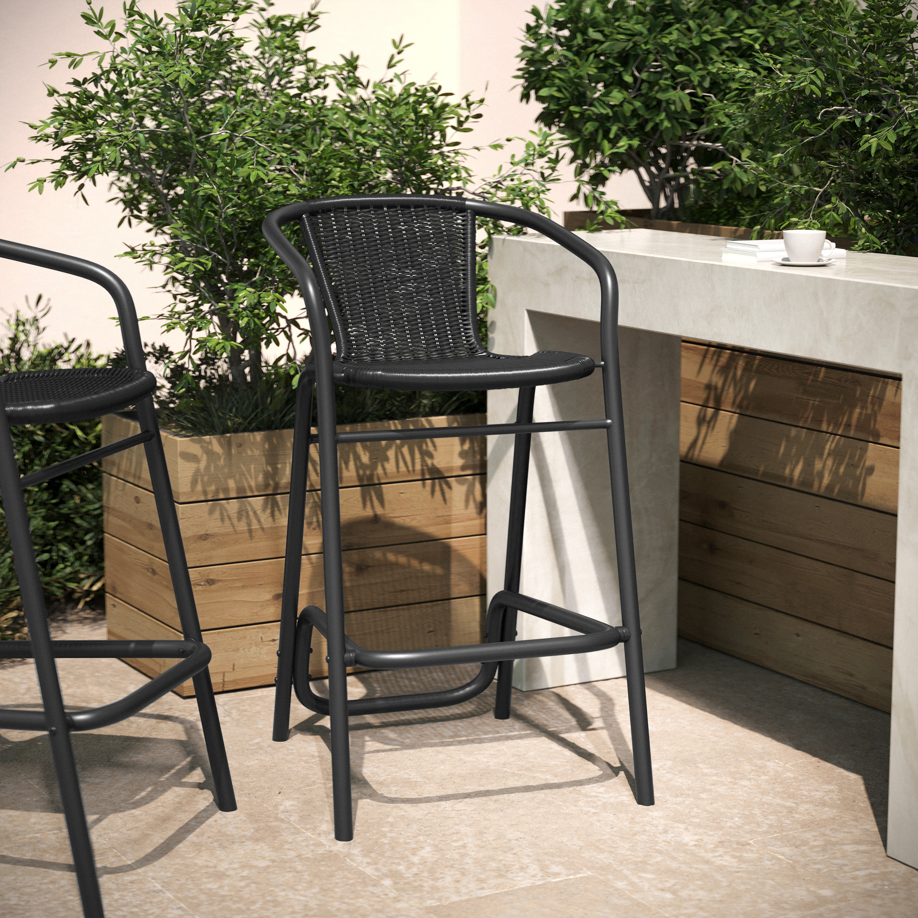Lila Commercial Grade Indoor-Outdoor PE Rattan Restaurant Barstool with Black Steel Frame and Footrest in Black