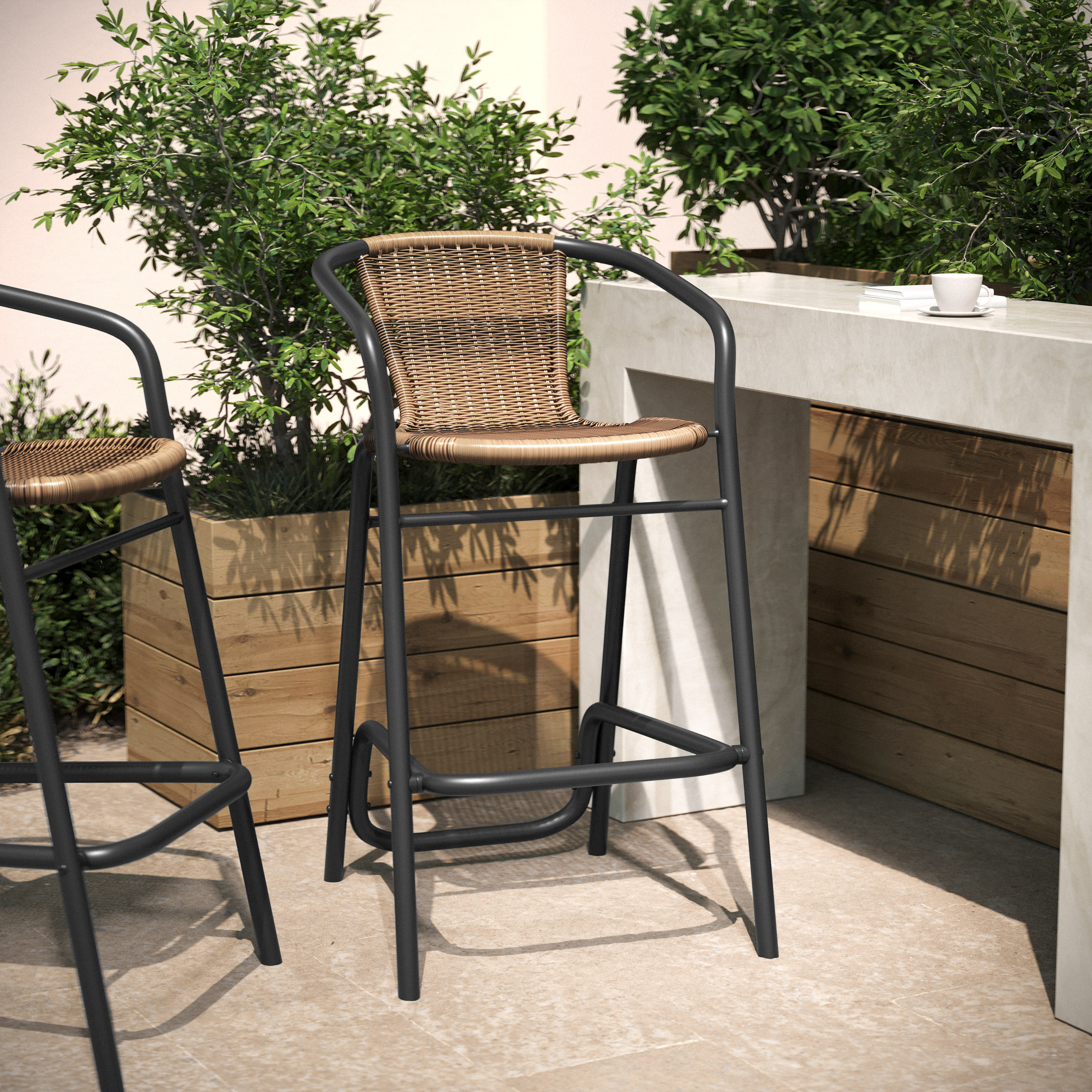 Lila Commercial Grade Indoor-Outdoor PE Rattan Restaurant Barstool with Black Steel Frame and Footrest in Medium Brown