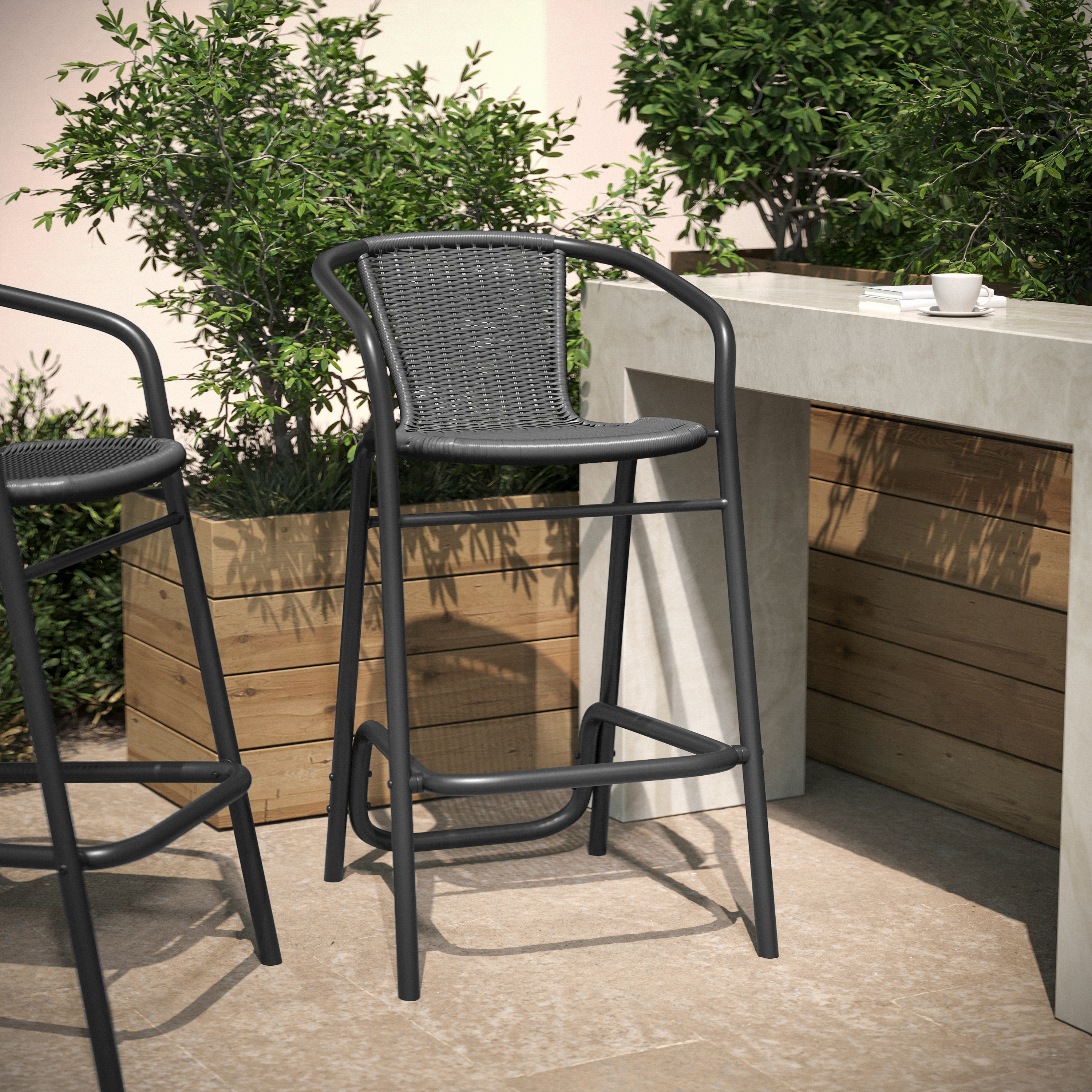 Lila Commercial Grade Indoor-Outdoor PE Rattan Restaurant Barstool with Black Steel Frame and Footrest in Gray