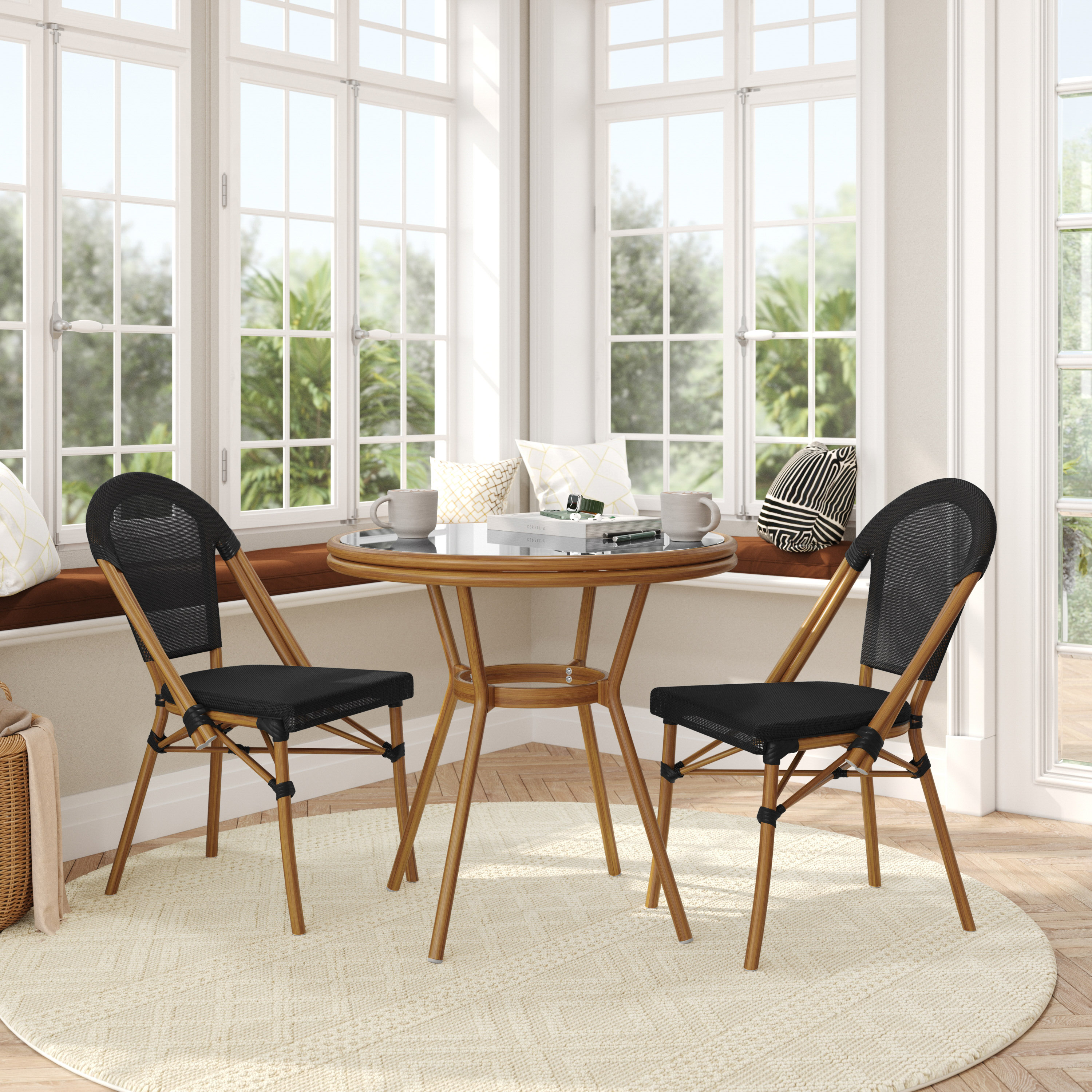 Marseille Indoor/Outdoor Commercial French Bistro 31.5" Table, Black Textilene, Glass Top with 2 Stack Chairs - Natural Frame