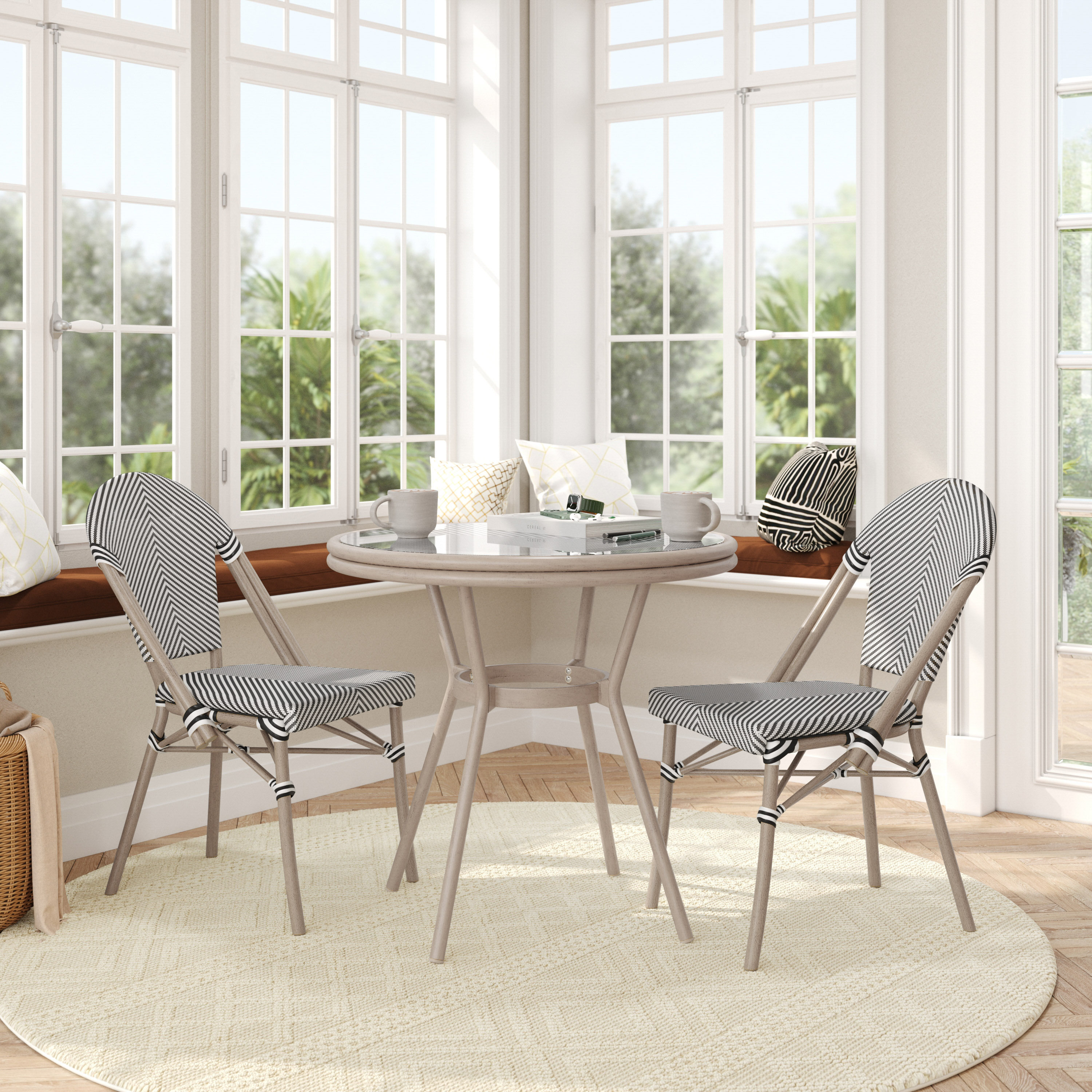 Marseille Indoor/Outdoor Commercial French Bistro 31.5" Table, Black/White Textilene, Glass Top with 2 Stack Chairs - Light Natural