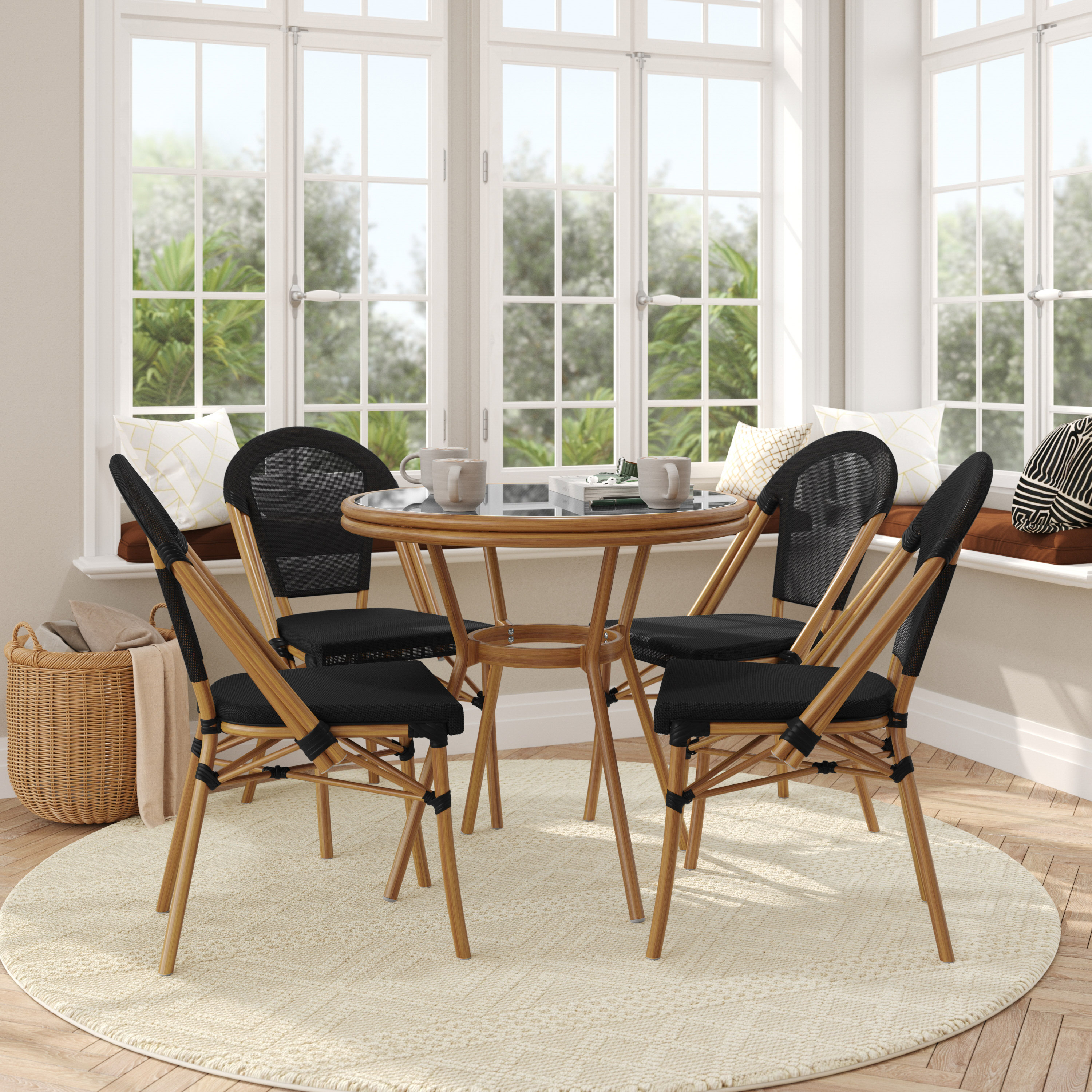 Marseille Indoor/Outdoor Commercial French Bistro 31.5" Table, Black Textilene, Glass Top with 4 Stack Chairs - Natural Frame